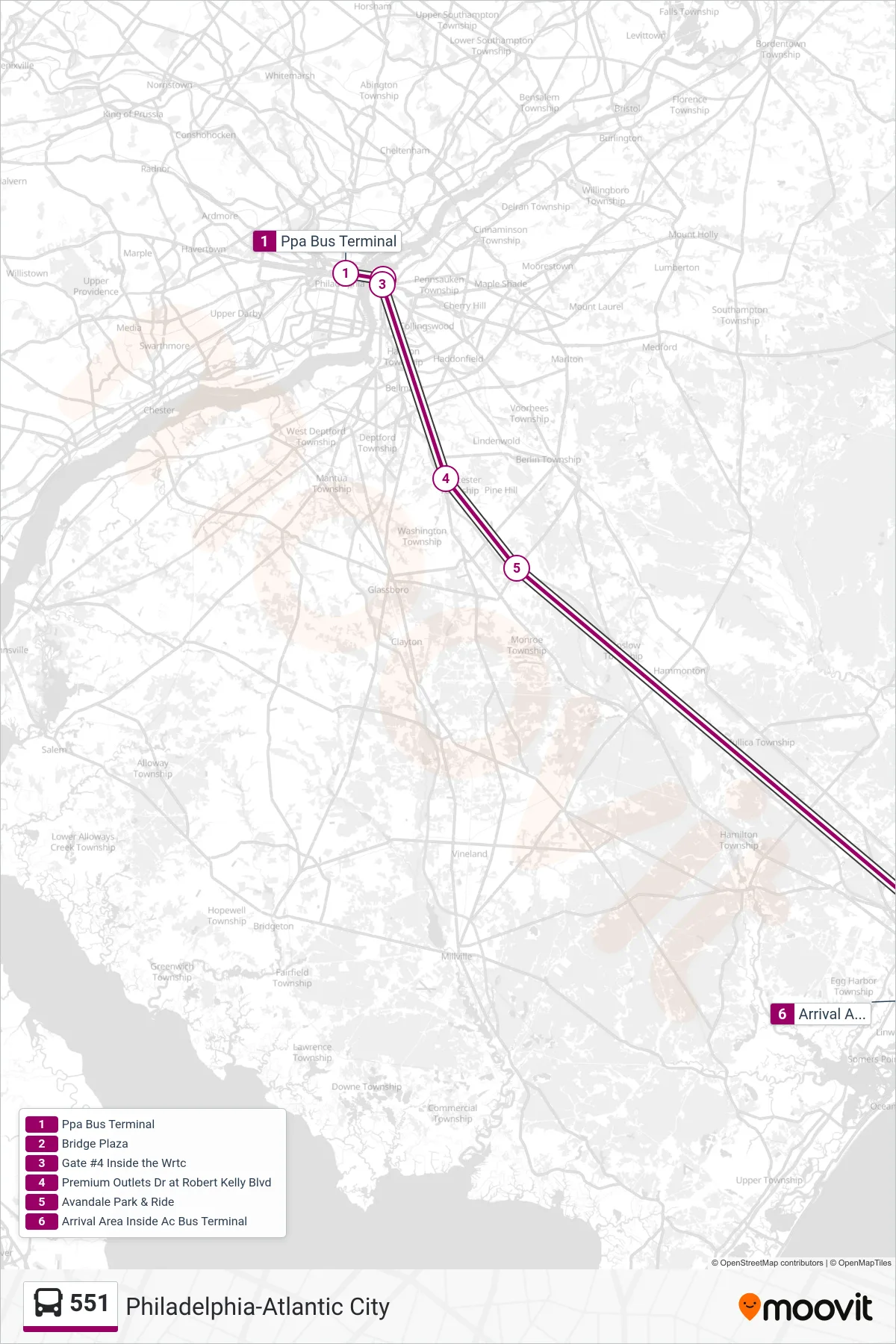 551 bus Line (Atlantic City Gp Outlets) route and stops on a map