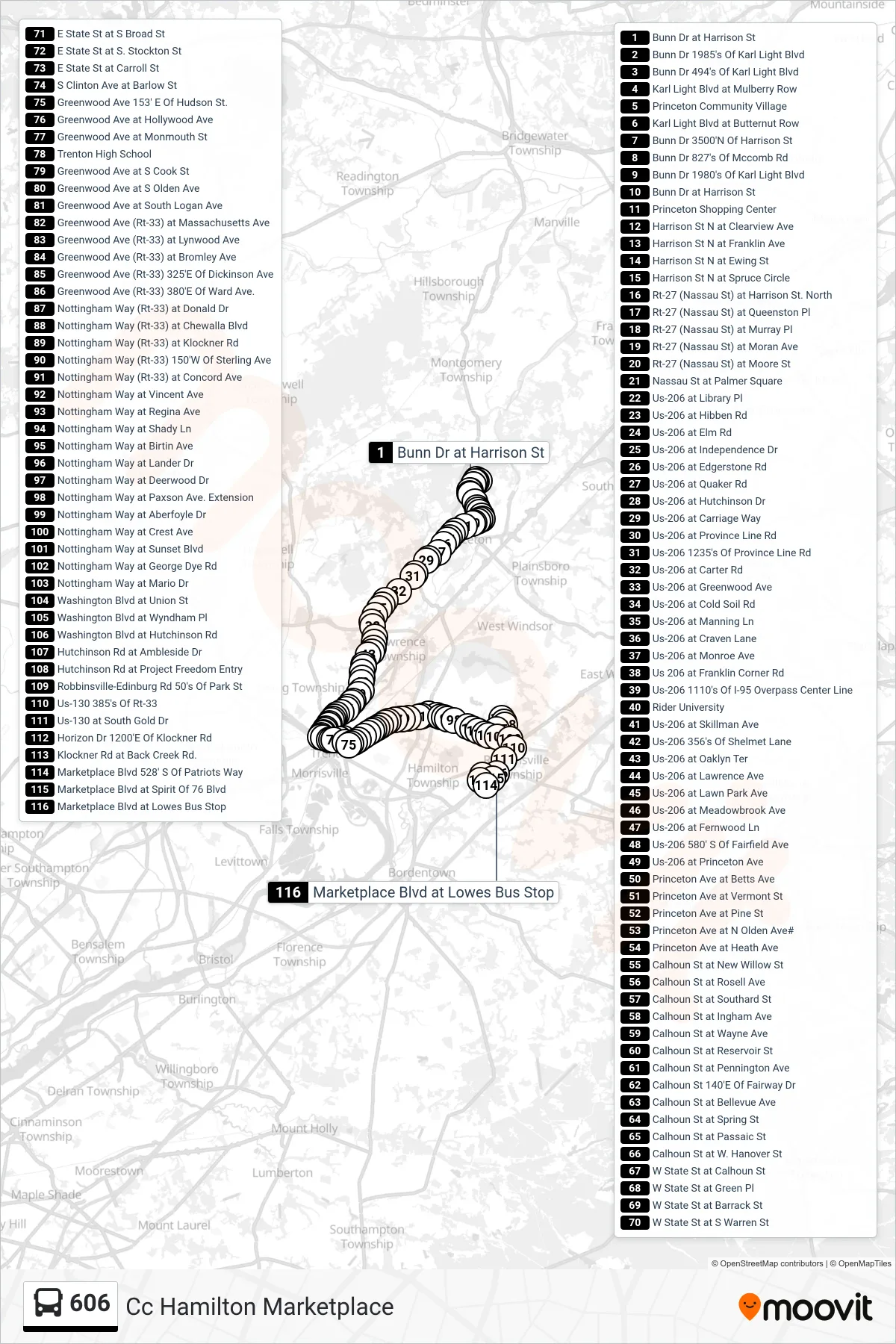 606 bus Line (Cc Hamilton Marketplace) route and stops on a map
