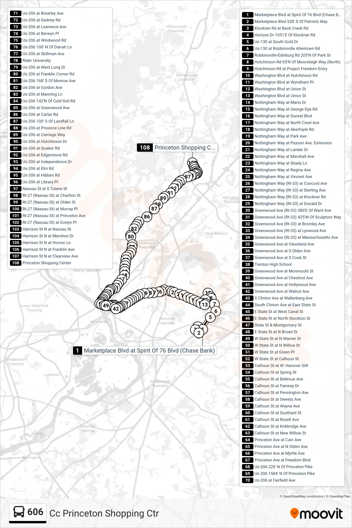 606 bus Line (Cc Princeton Shopping Ctr) route and stops on a map