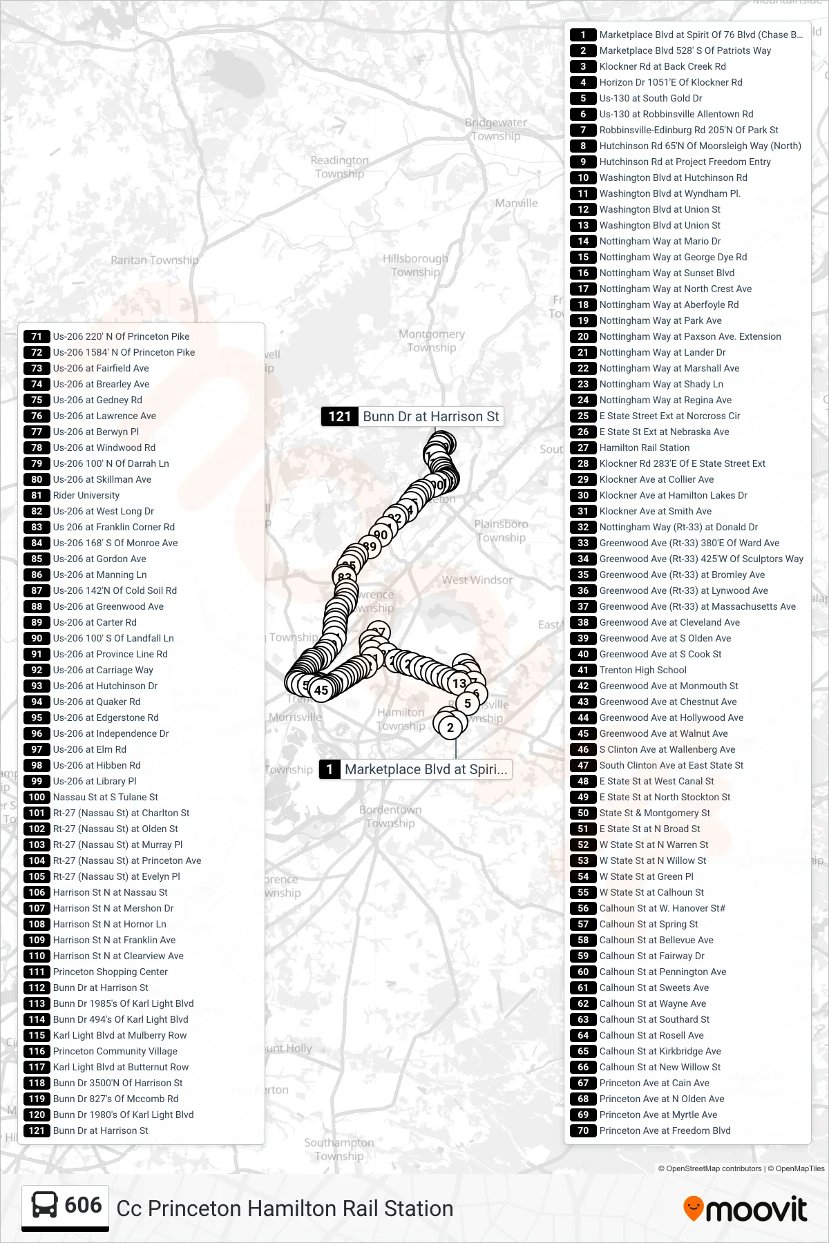 606 bus Line (Cc Princeton Hamilton Rail Station) route and stops on a map