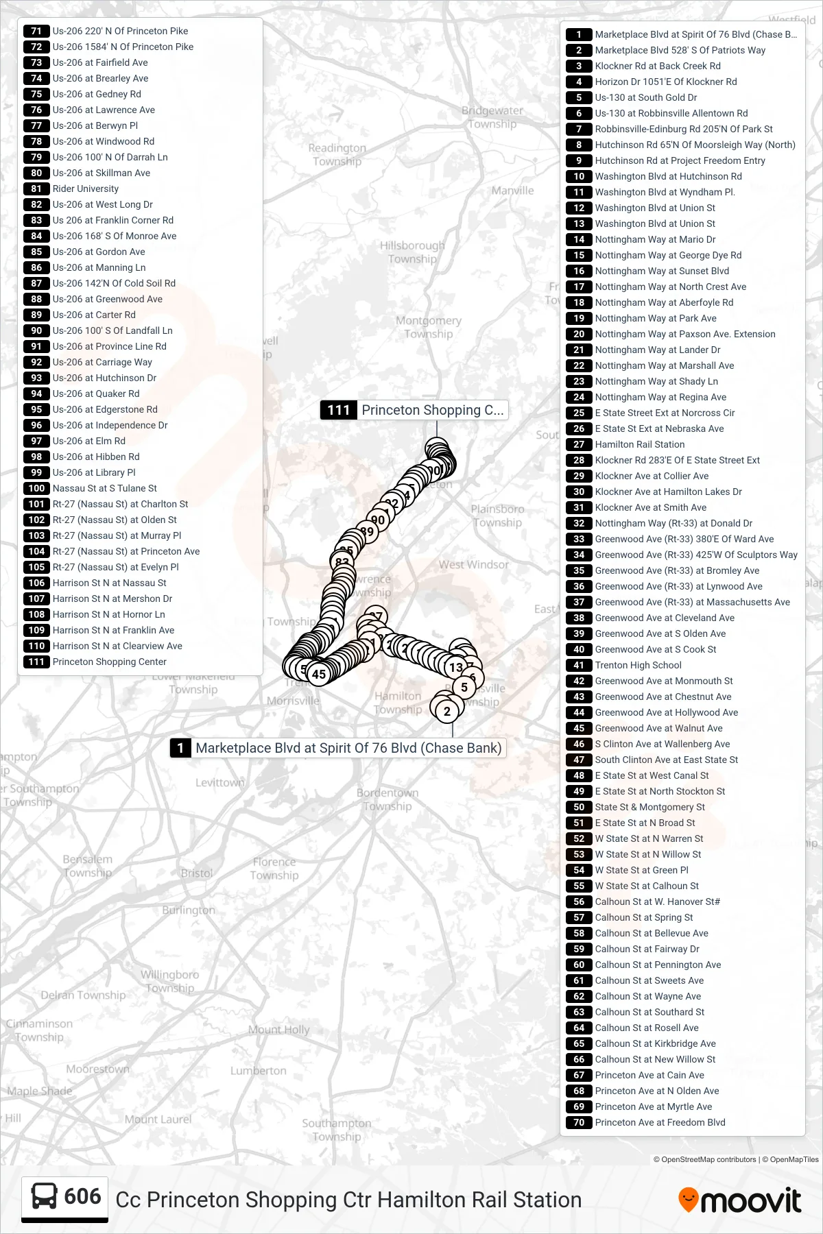 606 bus Line (Cc Princeton Shopping Ctr Hamilton Rail Station) route and stops on a map