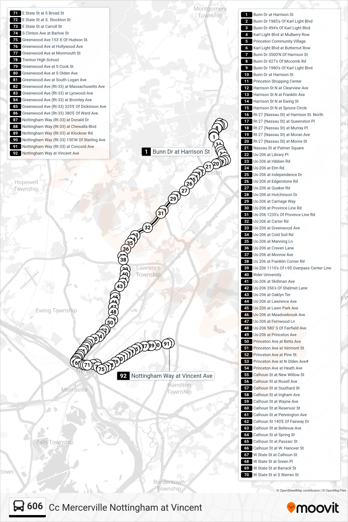 606 bus Line (Cc Mercerville Nottingham at Vincent) route and stops on a map
