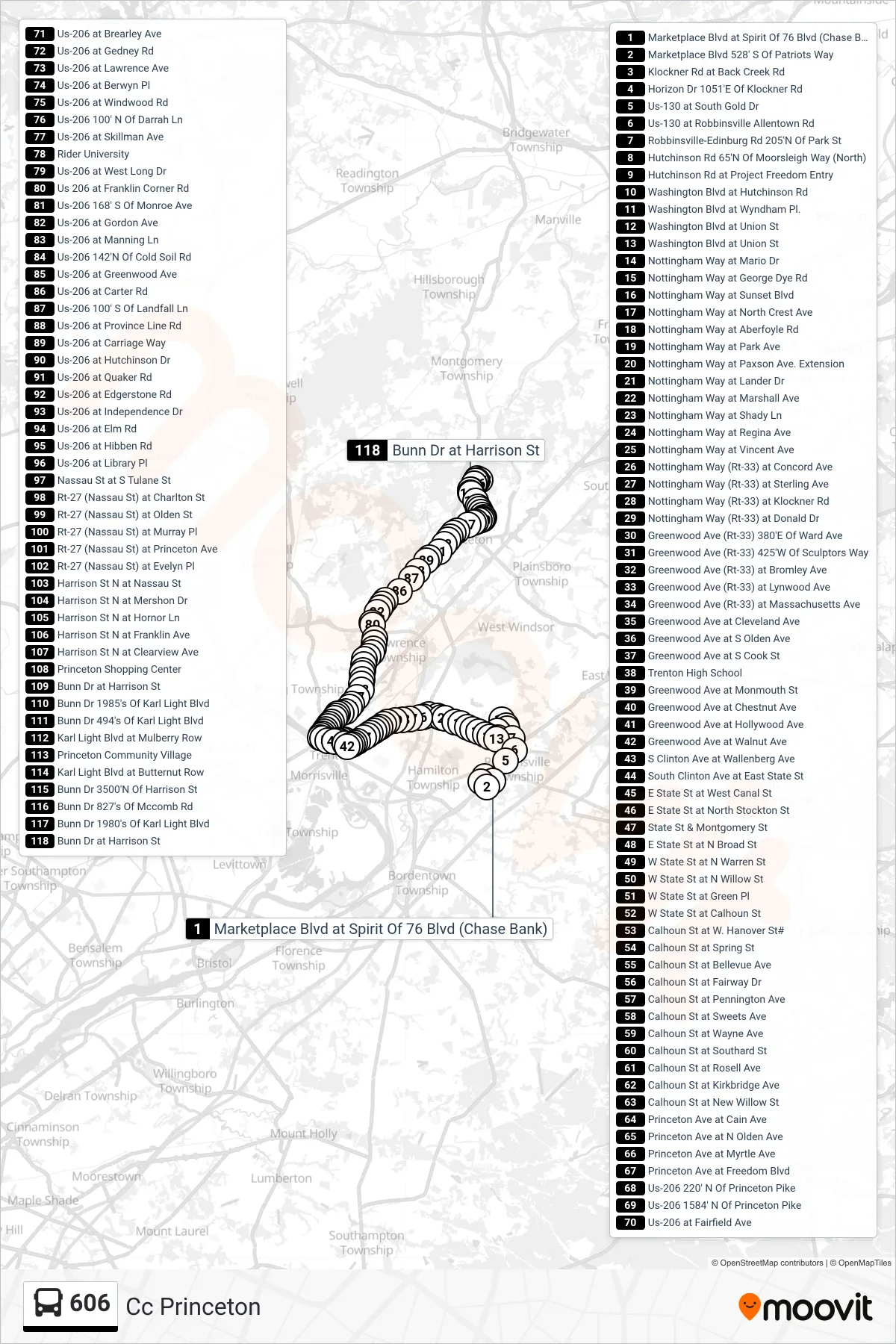 606 bus Line (Cc Princeton) route and stops on a map