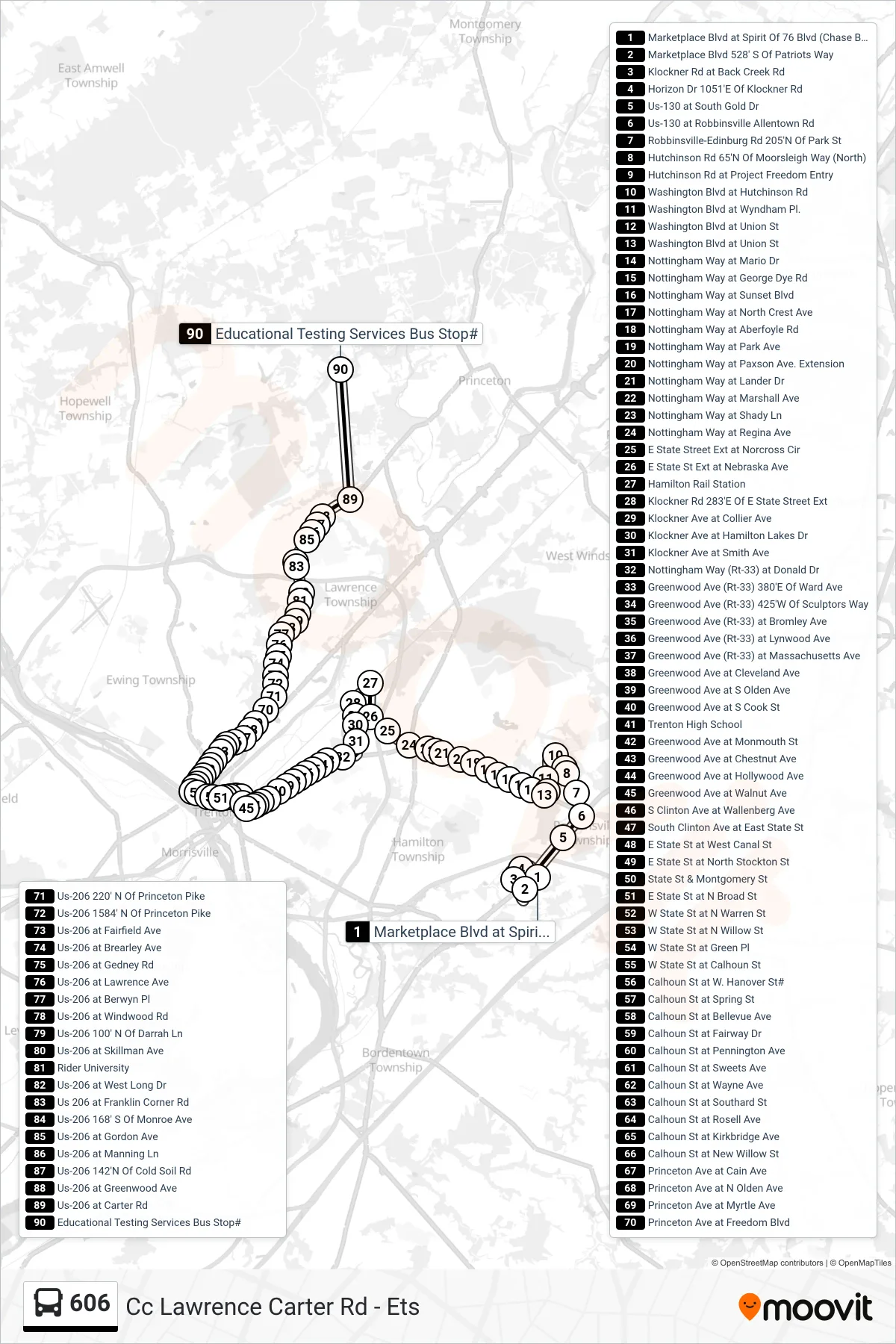 606 bus Line (Cc Lawrence Carter Rd - Ets) route and stops on a map