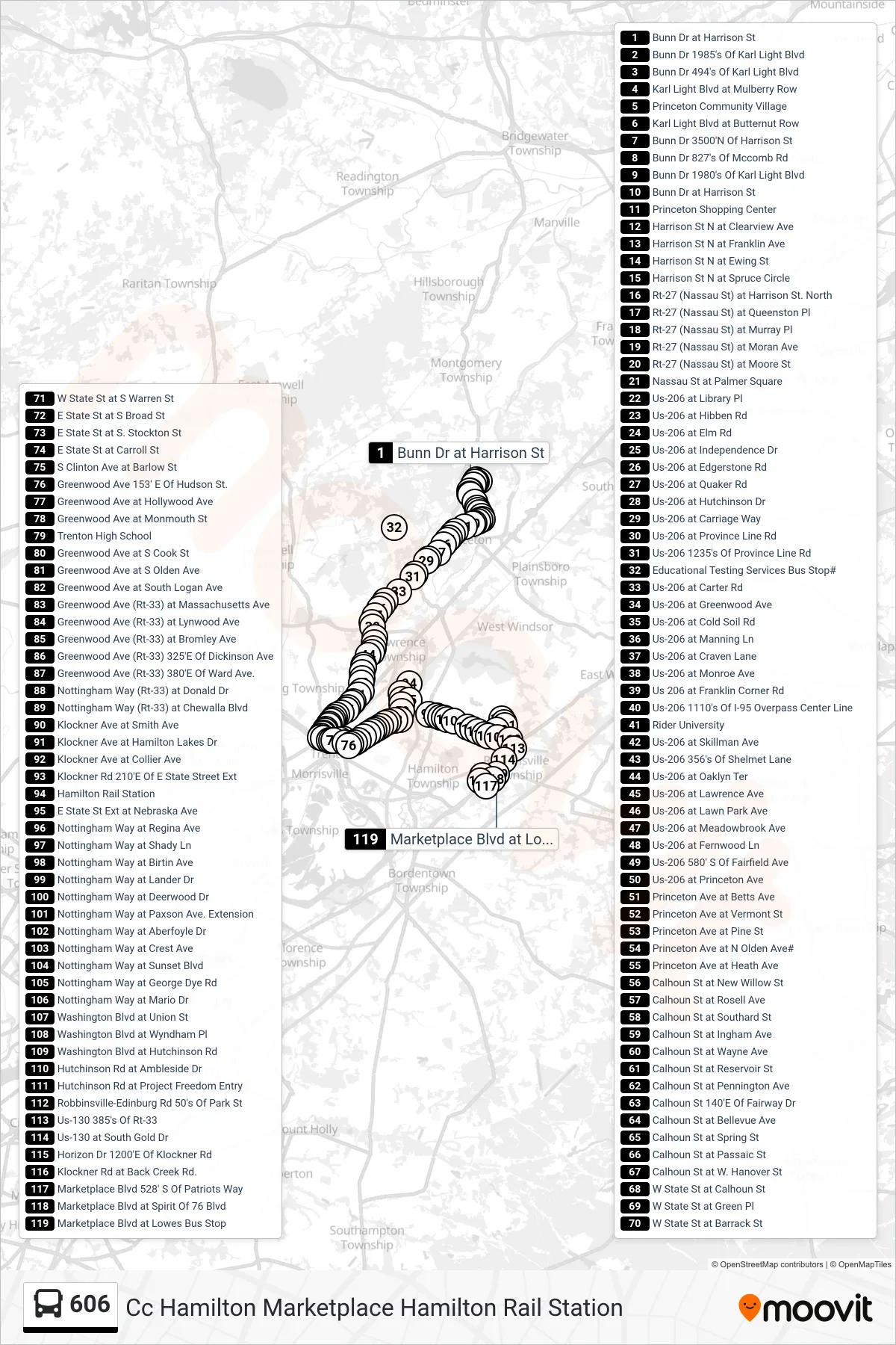 606 bus Line (Cc Hamilton Marketplace Hamilton Rail Station) route and stops on a map