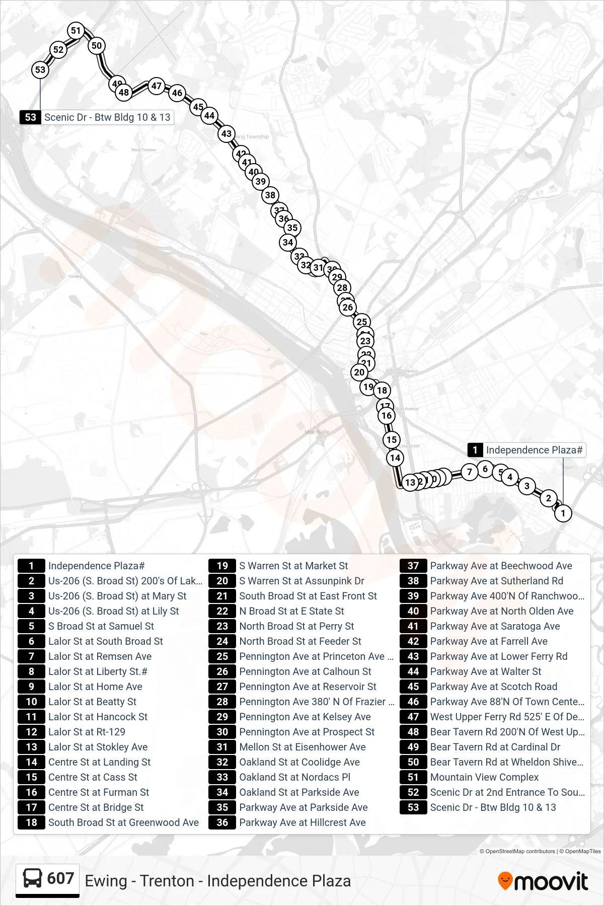 607 bus Line (Ewing) route and stops on a map