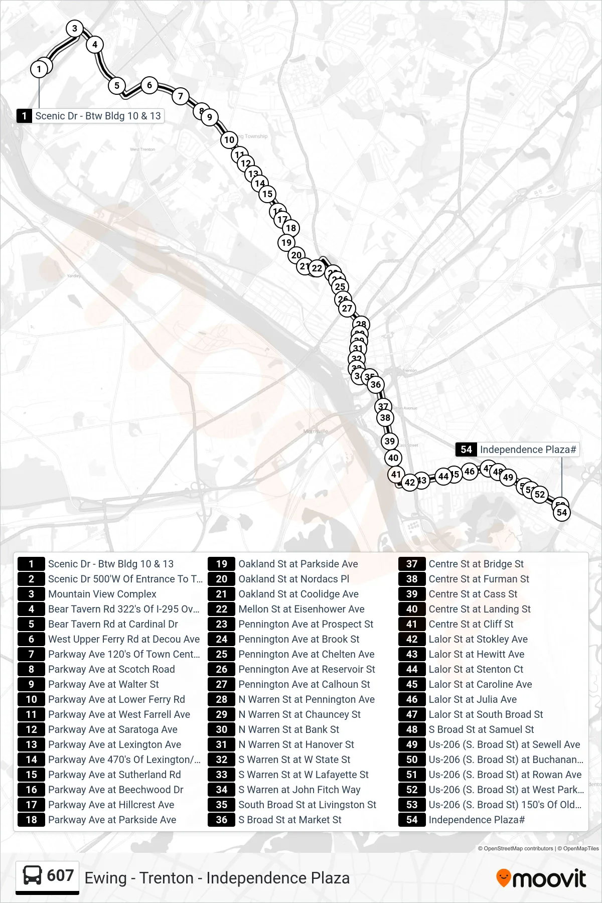 607 bus Line (Independence Pl) route and stops on a map