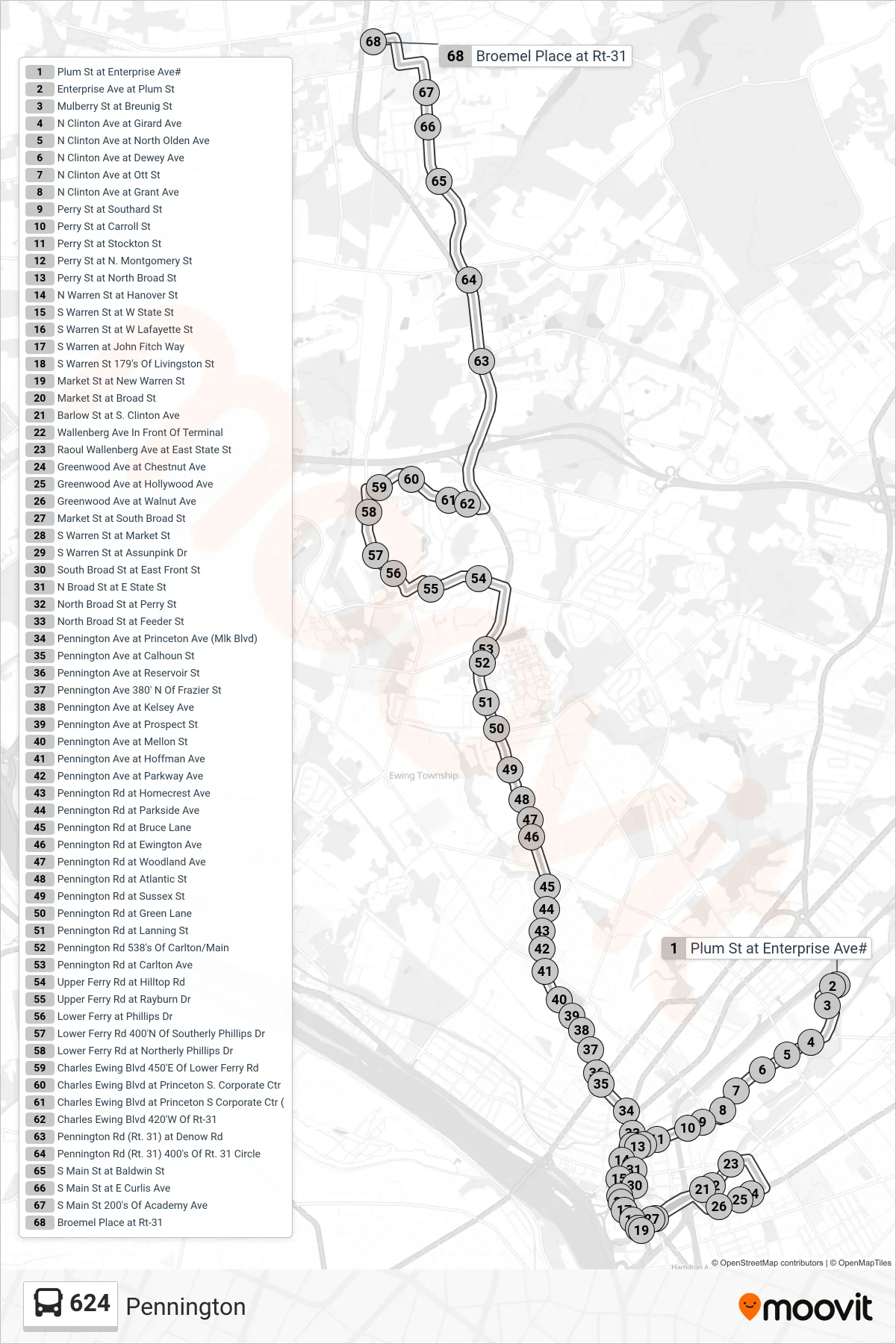 624 bus Line (Pennington) route and stops on a map