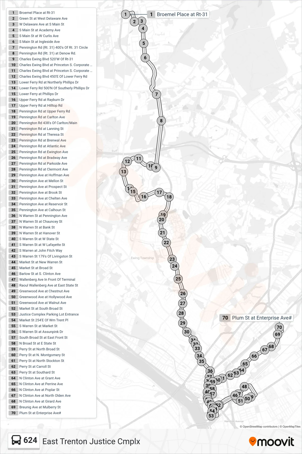 624 bus Line (East Trenton Justice Cmplx) route and stops on a map