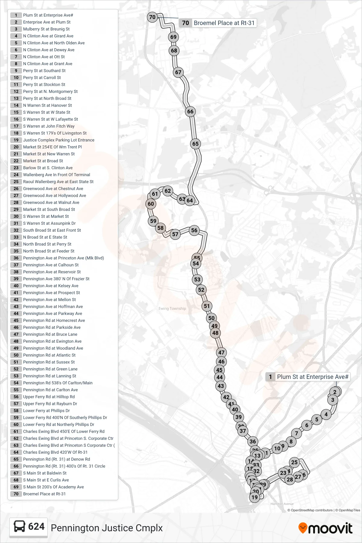 624 bus Line (Pennington Justice Cmplx) route and stops on a map