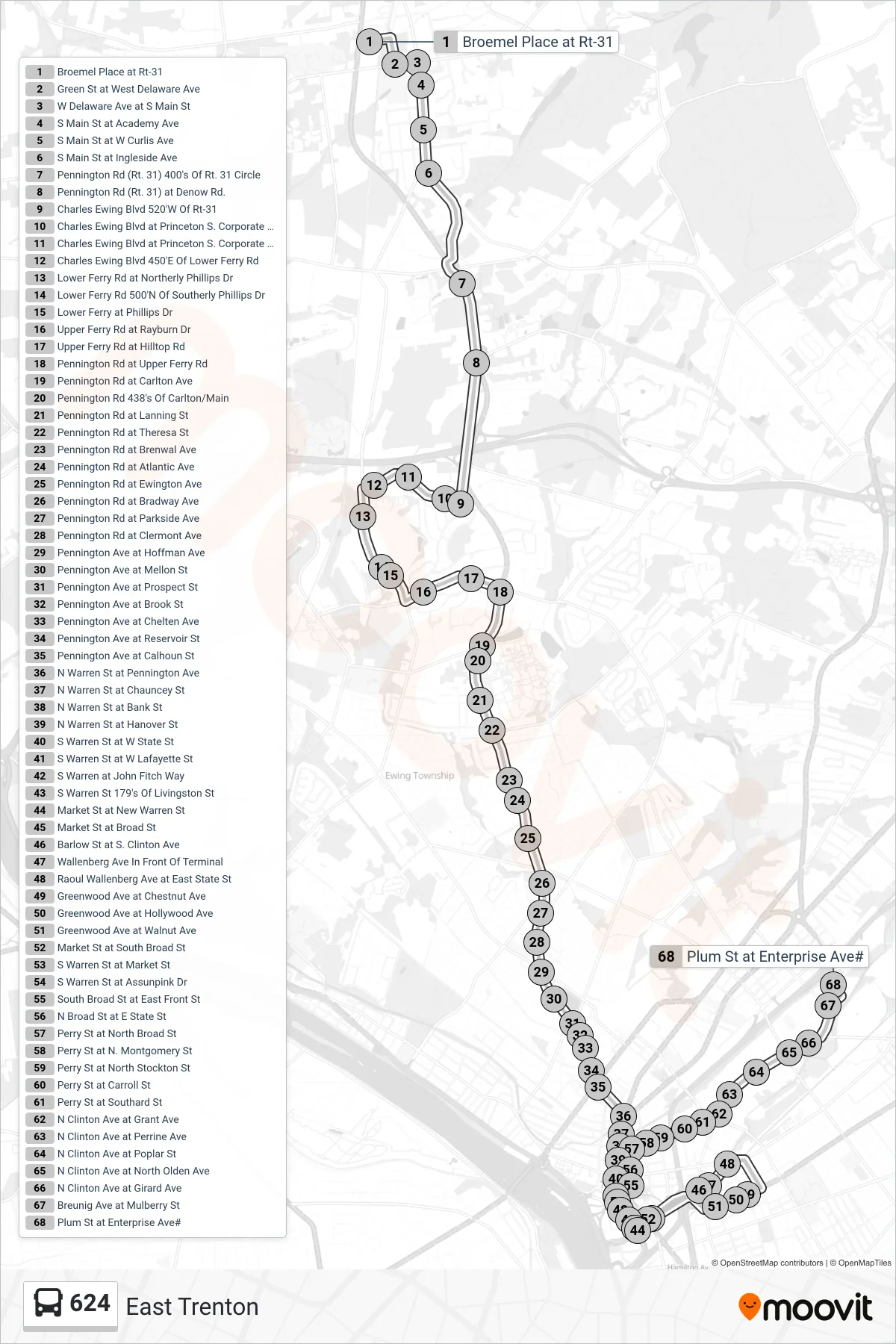 624 bus Line (East Trenton) route and stops on a map