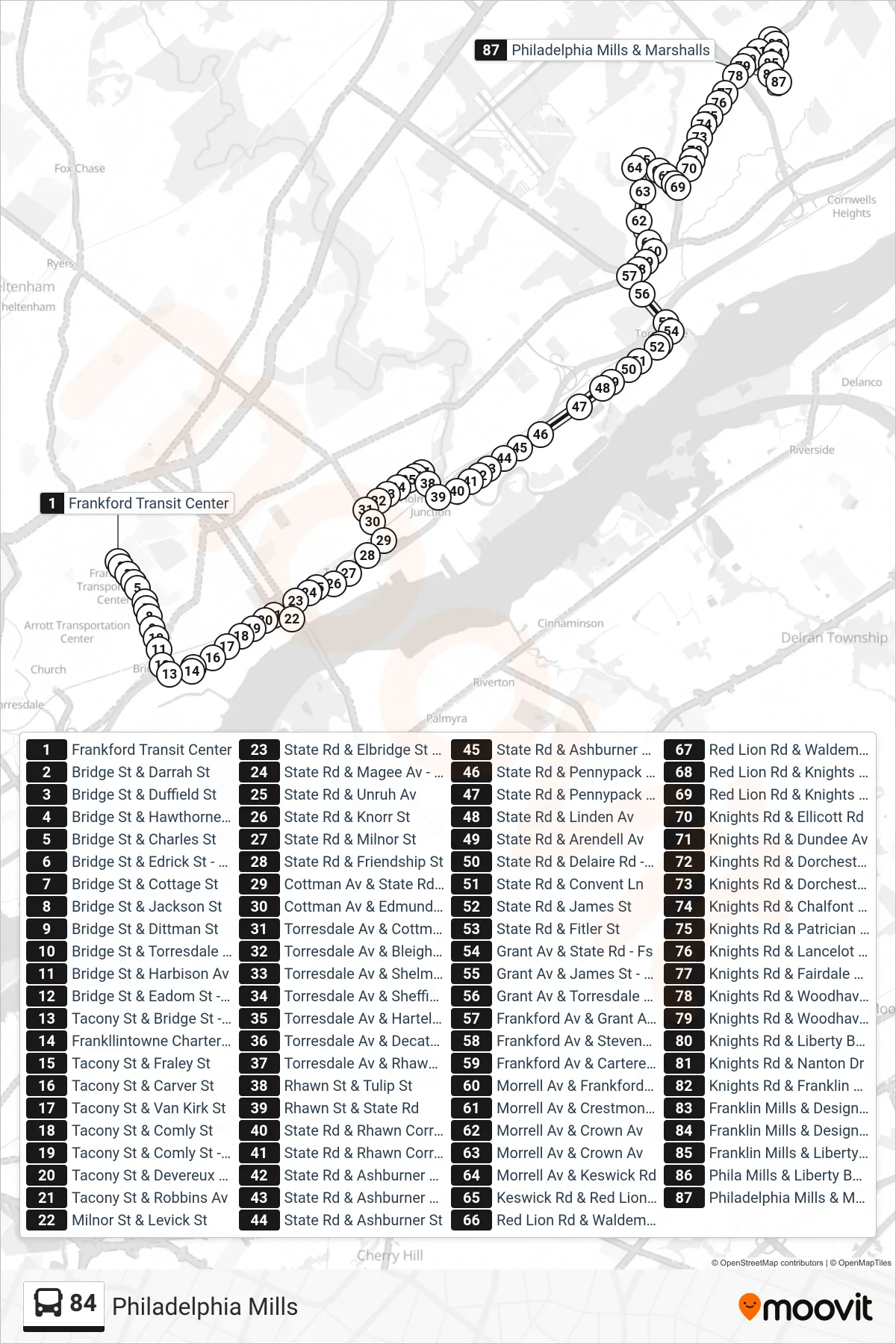 84 bus Line (Philadelphia Mills) route and stops on a map