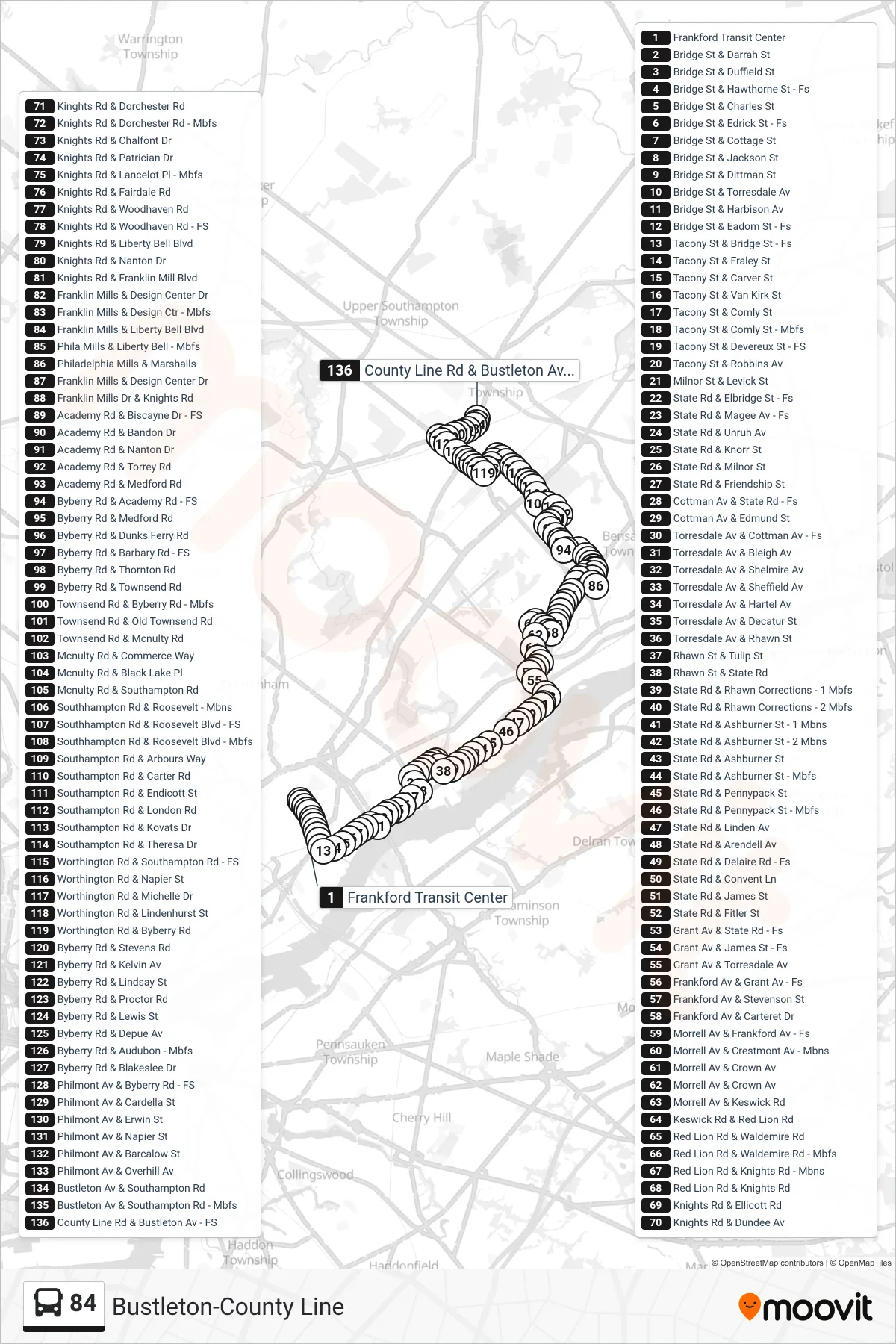 84 bus Line (Bustleton-County Line) route and stops on a map