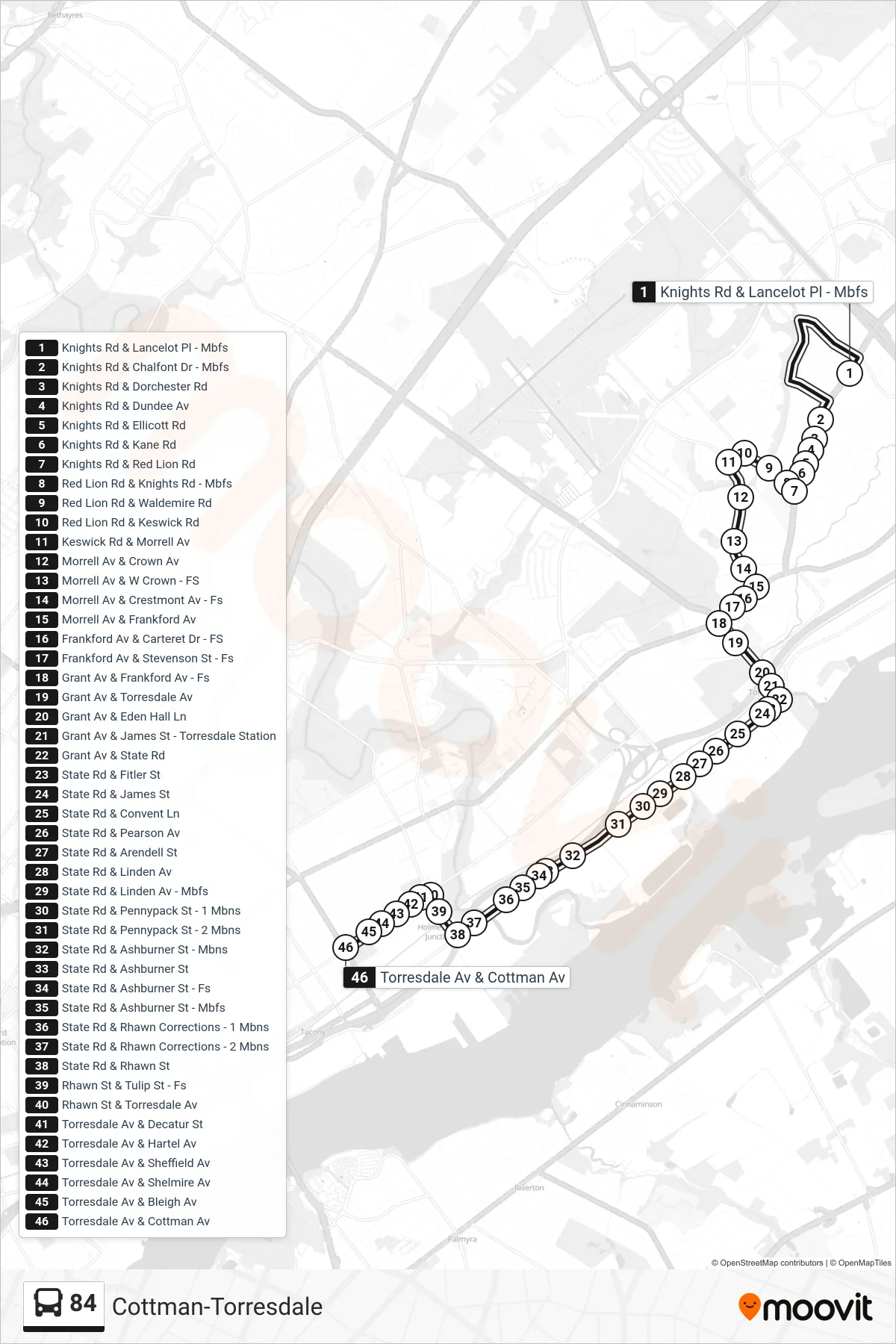 84 bus Line (Cottman-Torresdale) route and stops on a map