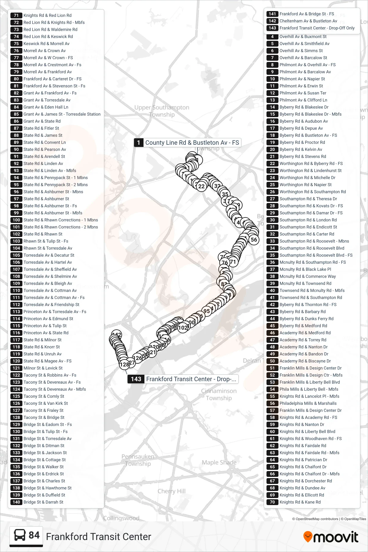 84 bus Line (Frankford Transit Center) route and stops on a map