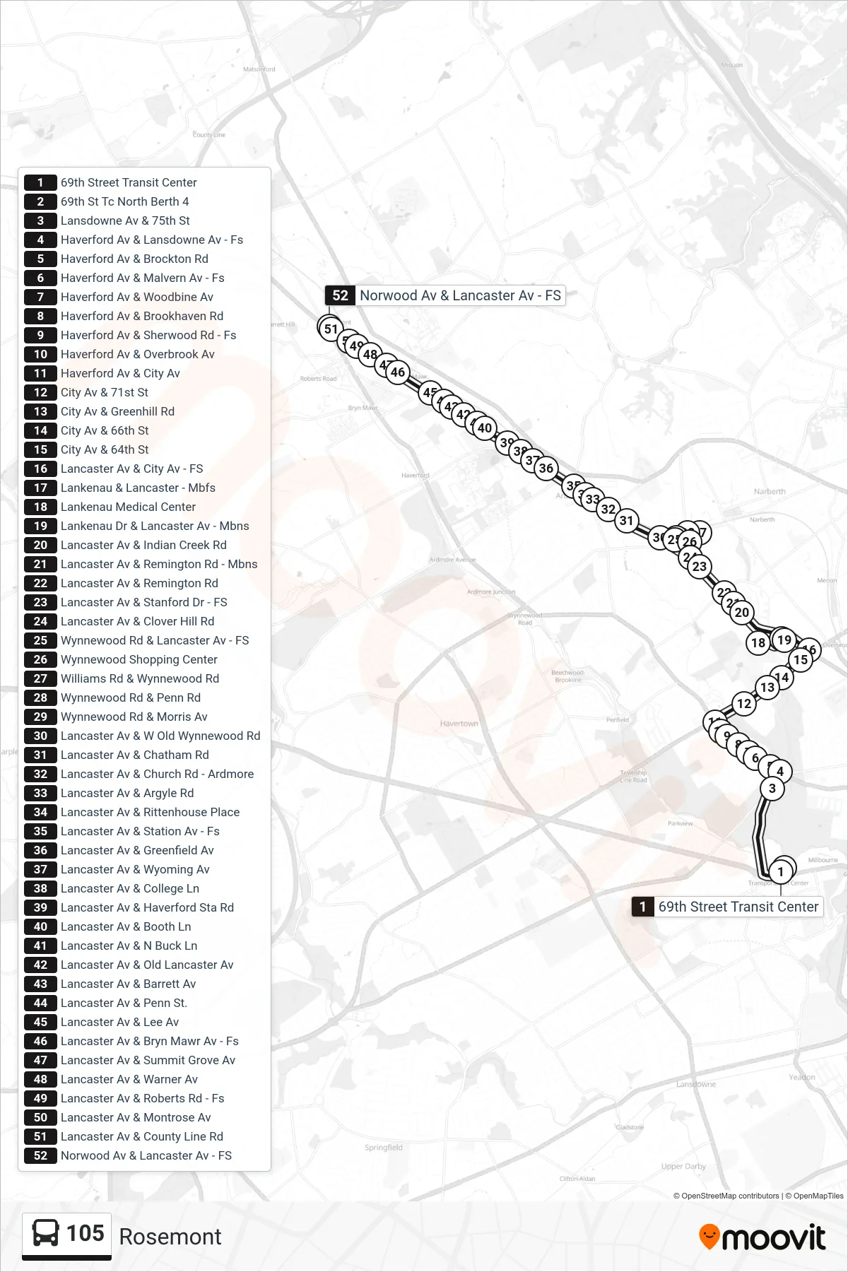 105 bus Line (Rosemont) route and stops on a map