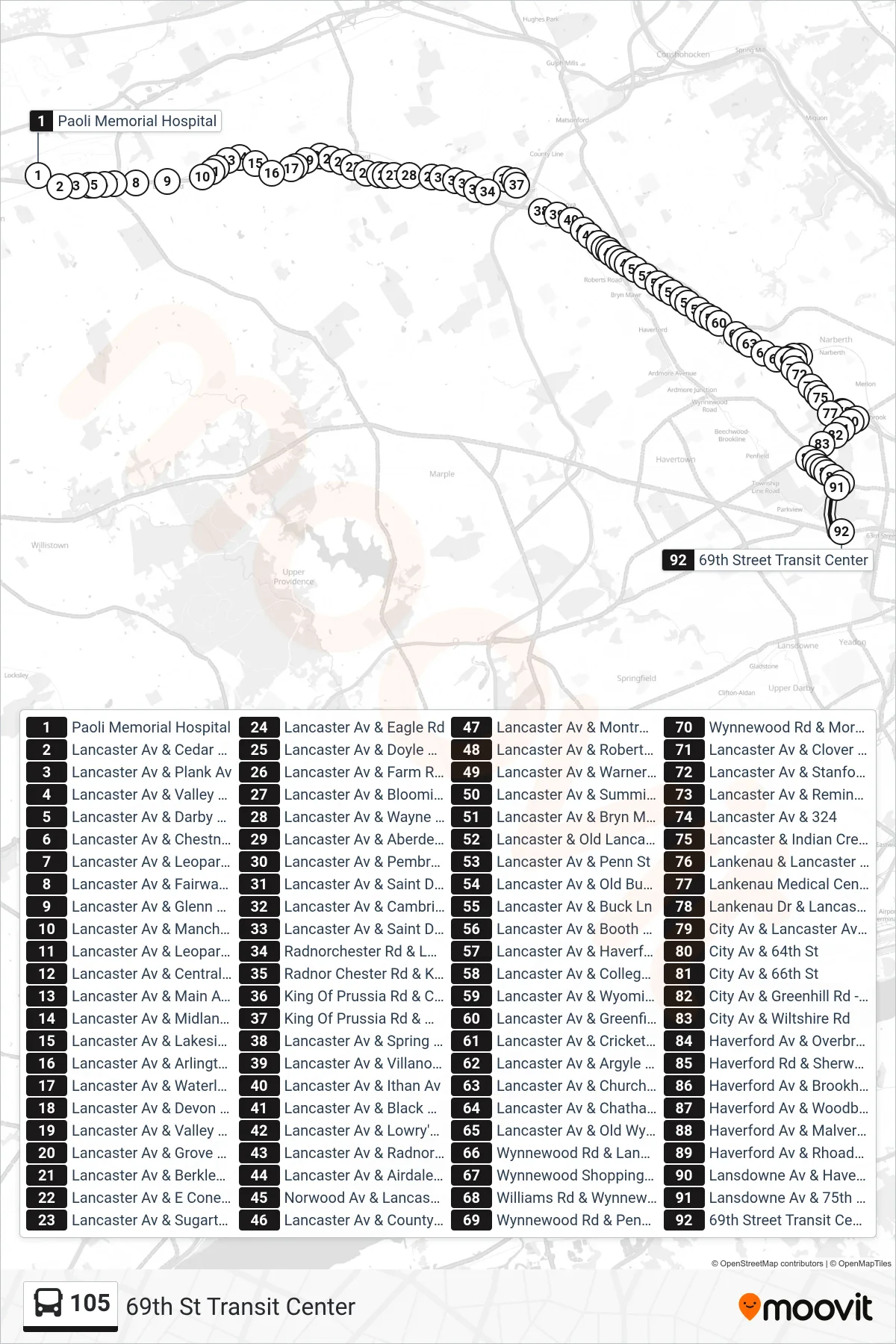 105 bus Line (69th St Transit Center) route and stops on a map