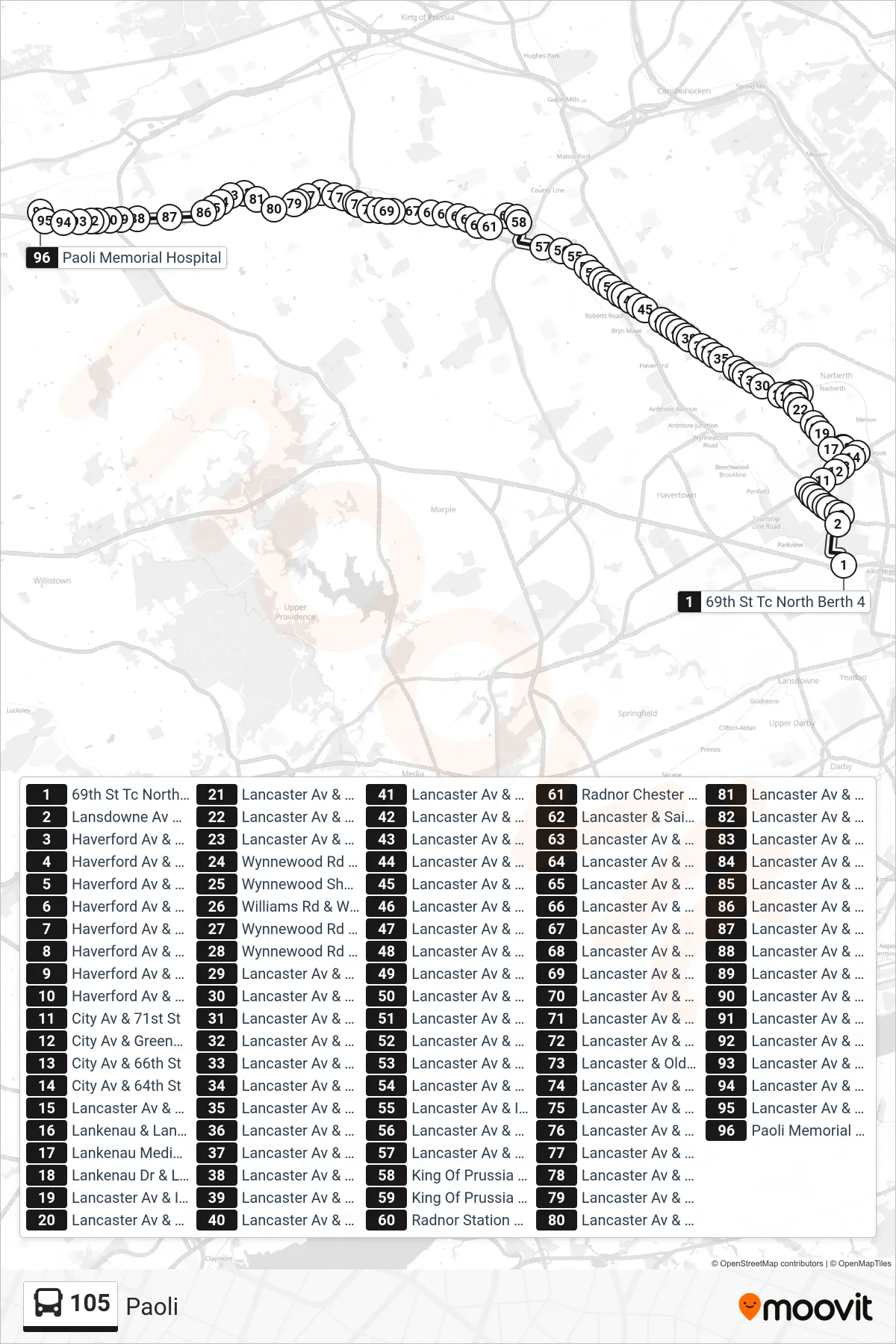 105 bus Line (Paoli) route and stops on a map