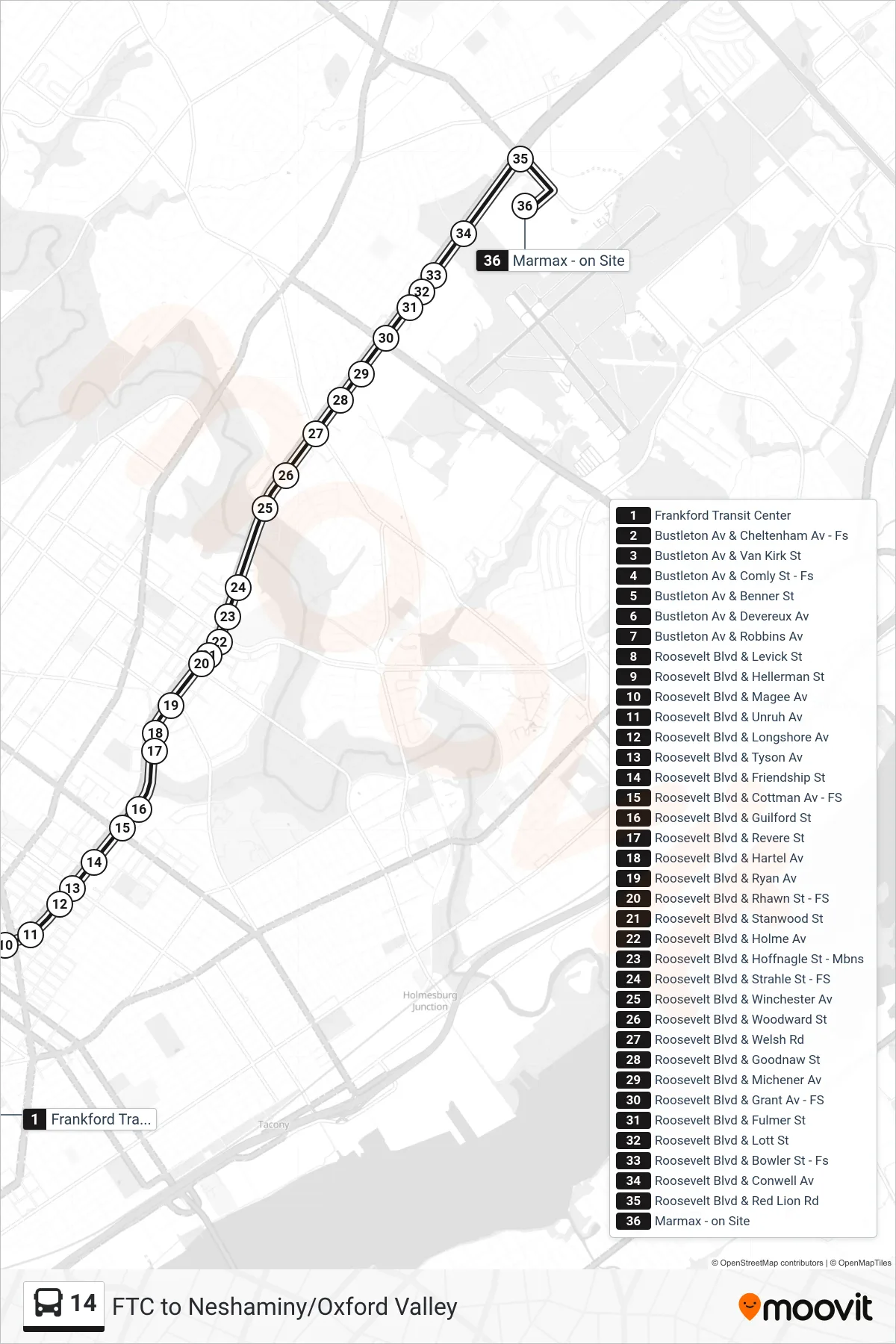 14 bus Line (Red Lion-Norcom) route and stops on a map