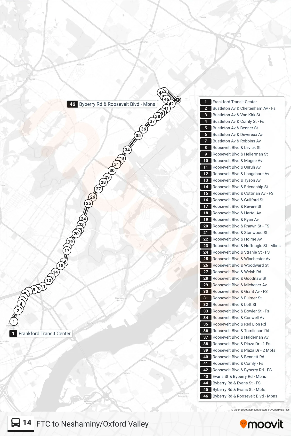 14 bus Line (Roosevelt-Byberry) route and stops on a map