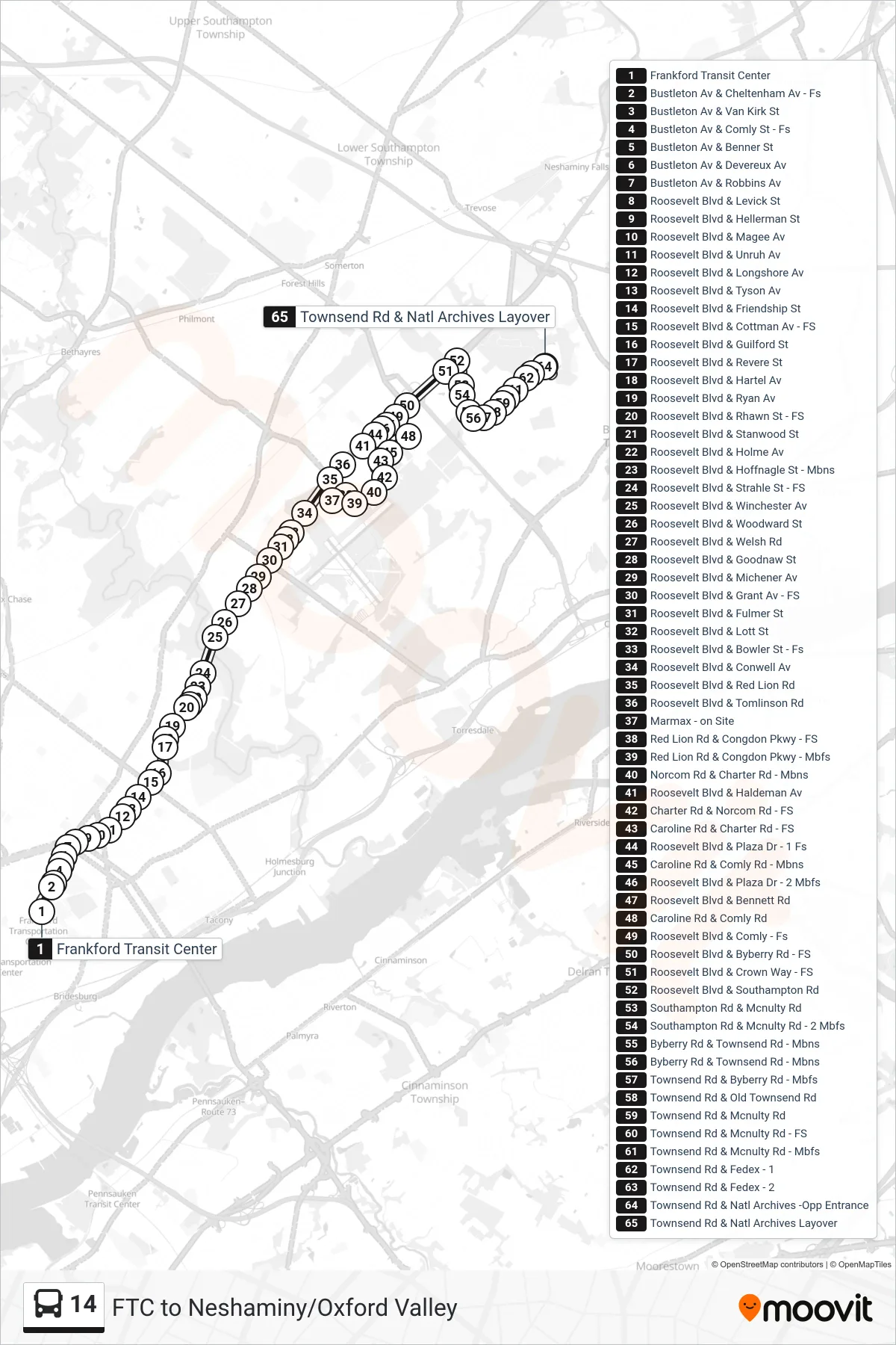 14 bus Line (Byberry Industrial Park) route and stops on a map