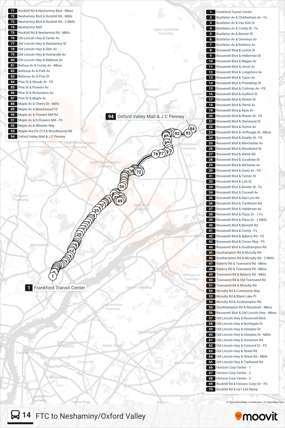 14 bus Line (Oxford Valley Mall Via Neshaminy Mall) route and stops on a map