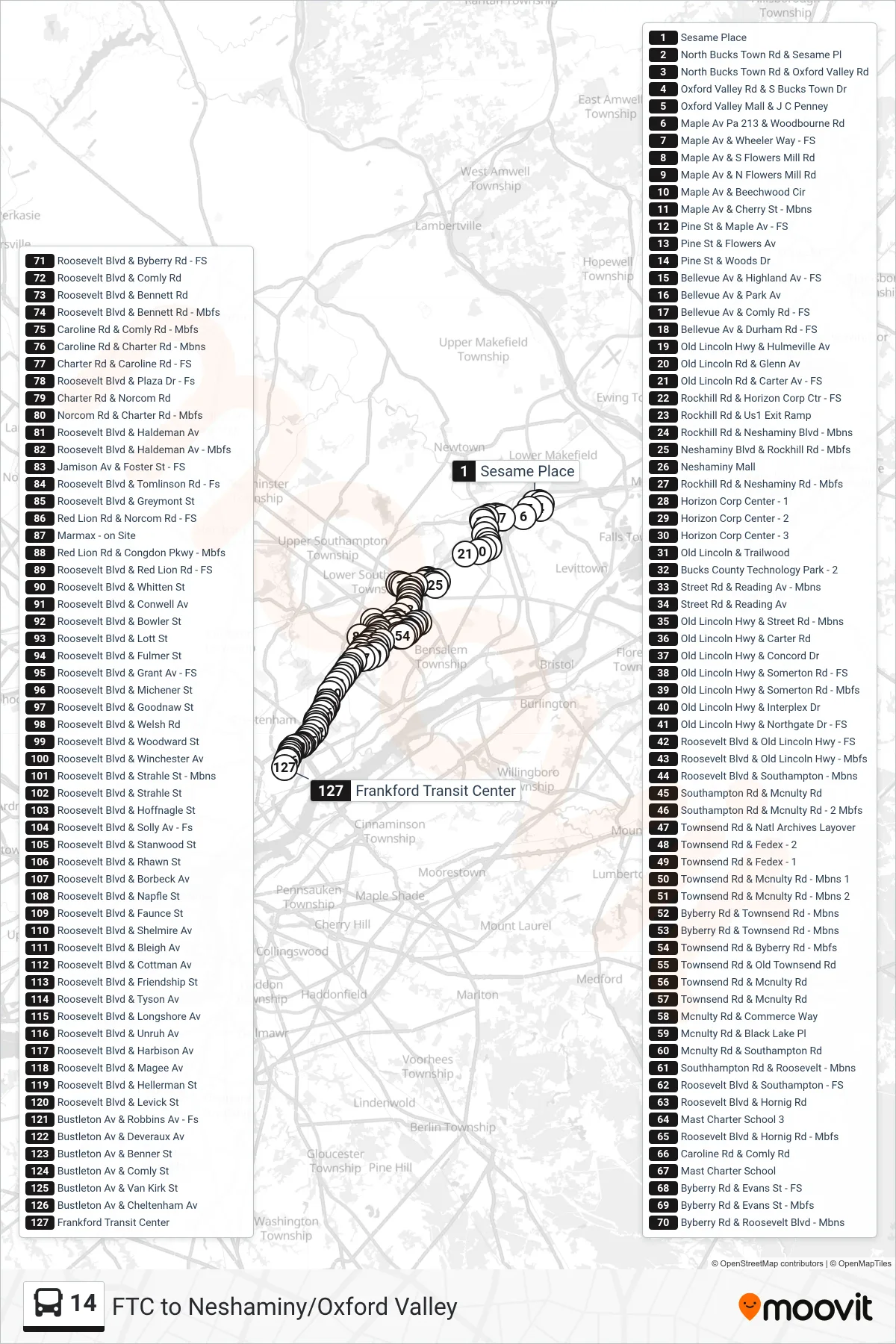 14 bus Line (Frankford Transit Center) route and stops on a map
