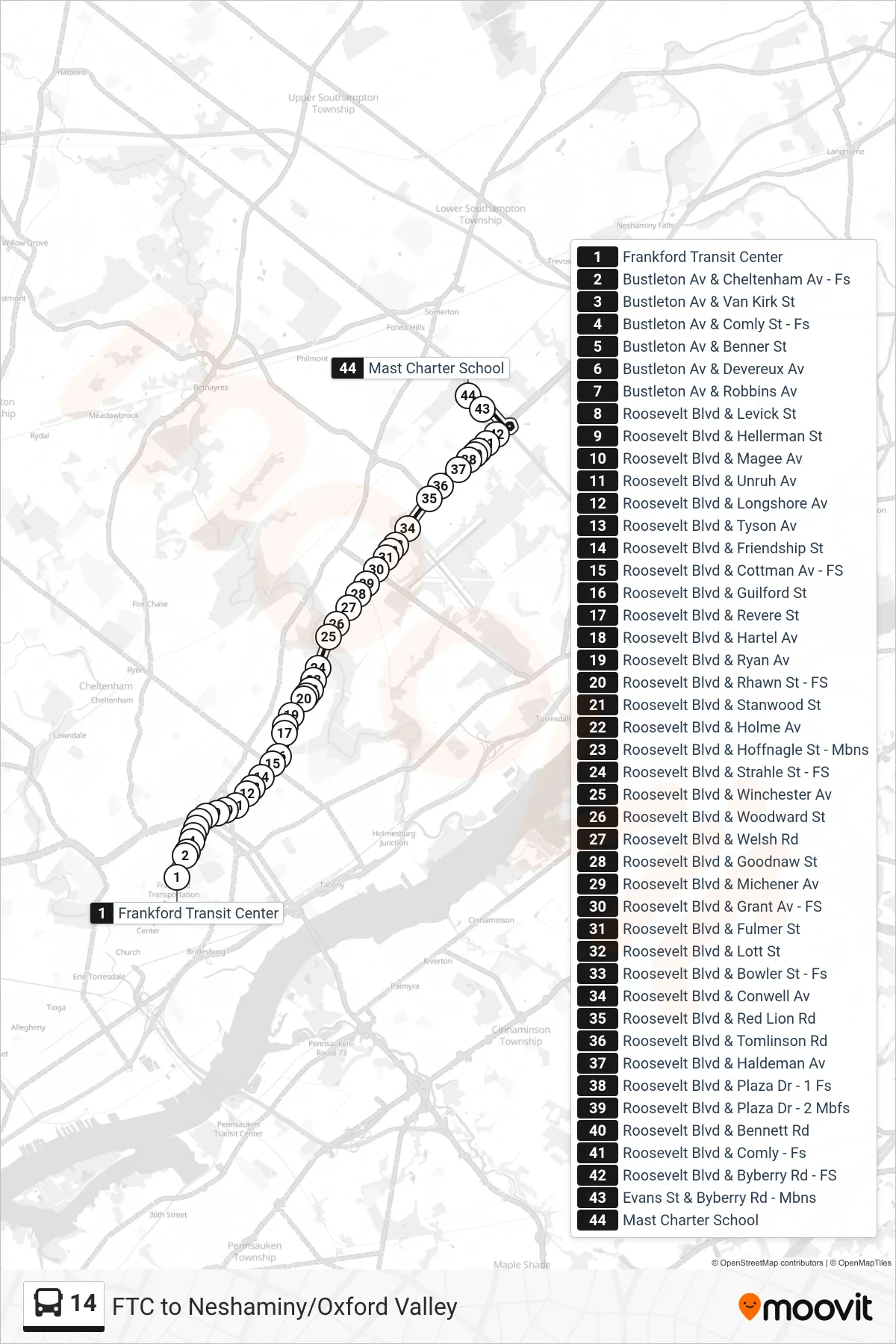14 bus Line (Byberry-Evans) route and stops on a map
