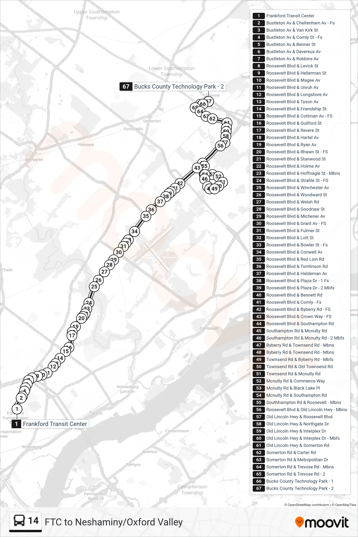 14 bus Line (Street Road Industrial Park) route and stops on a map
