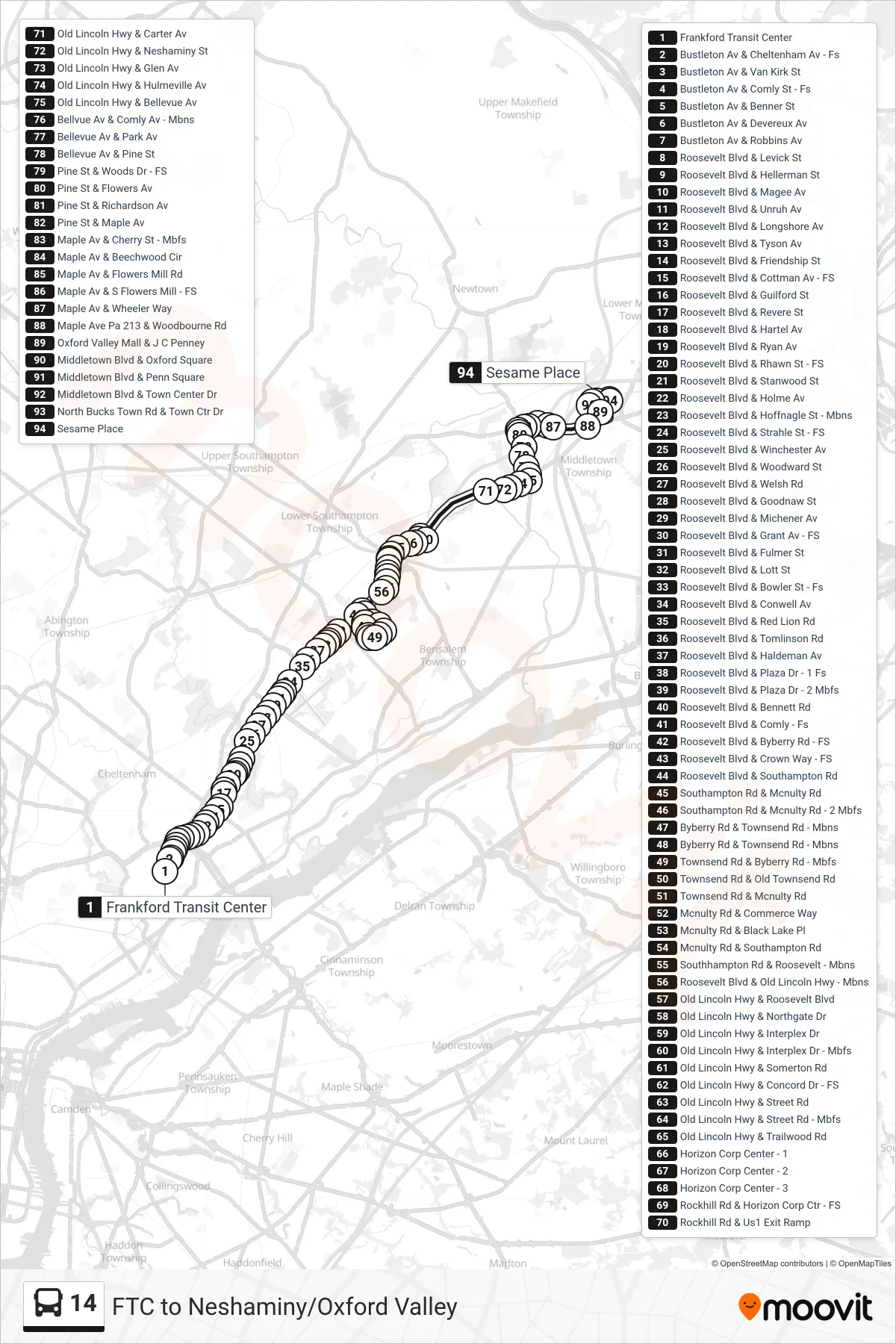 14 bus Line (Sesame Place Via Oxford Valley Mall And Neshaminy) route and stops on a map