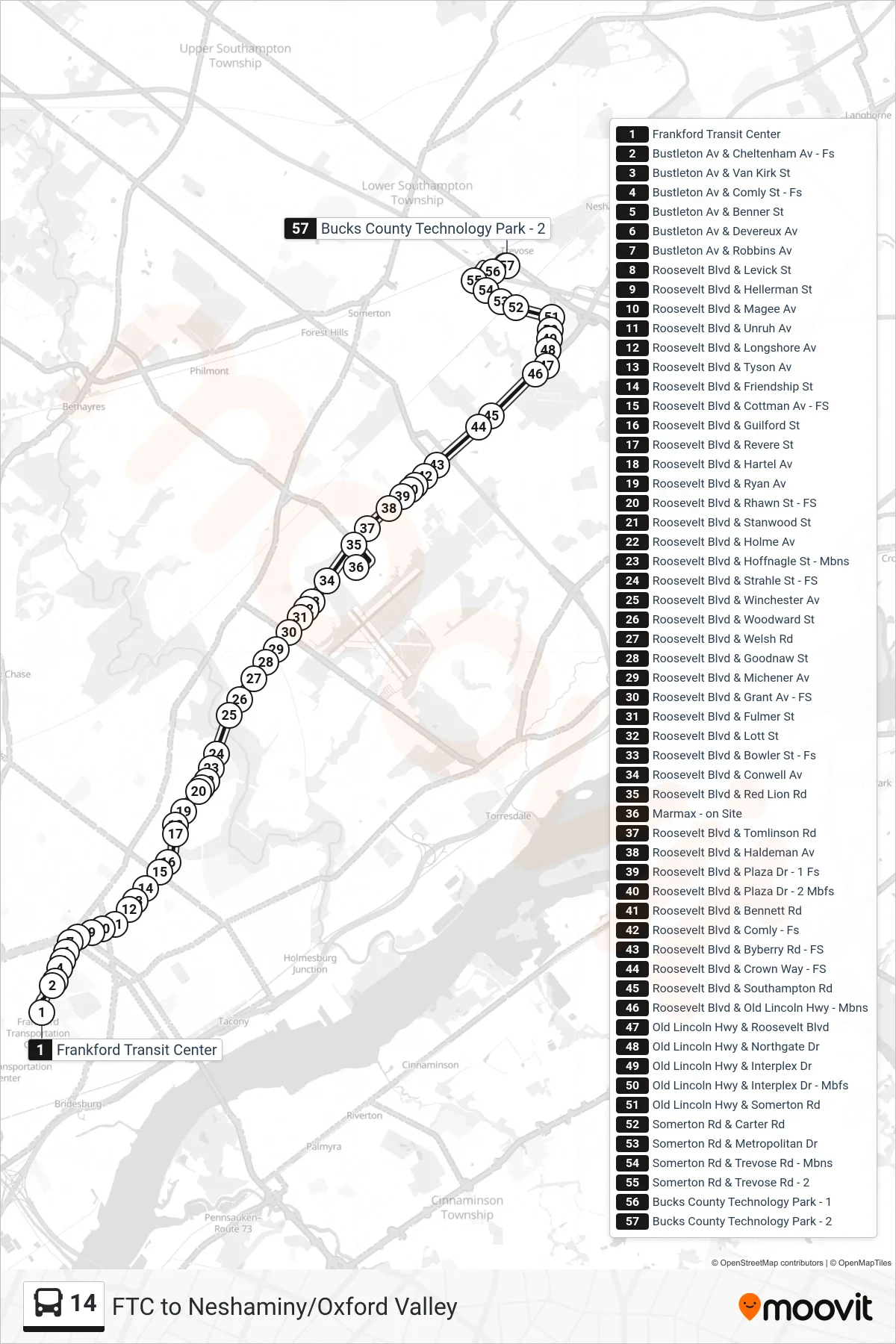 14 bus Line (Street Road Industrial Park Via Marmax) route and stops on a map