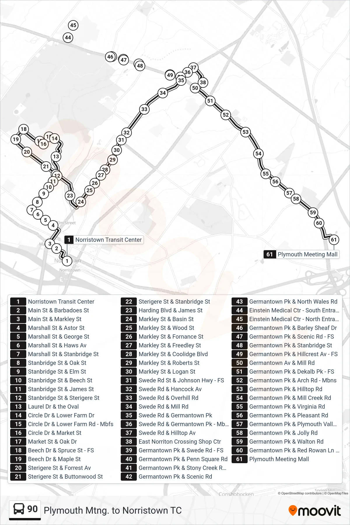90 bus Line (Plymouth Meeting Mall) route and stops on a map