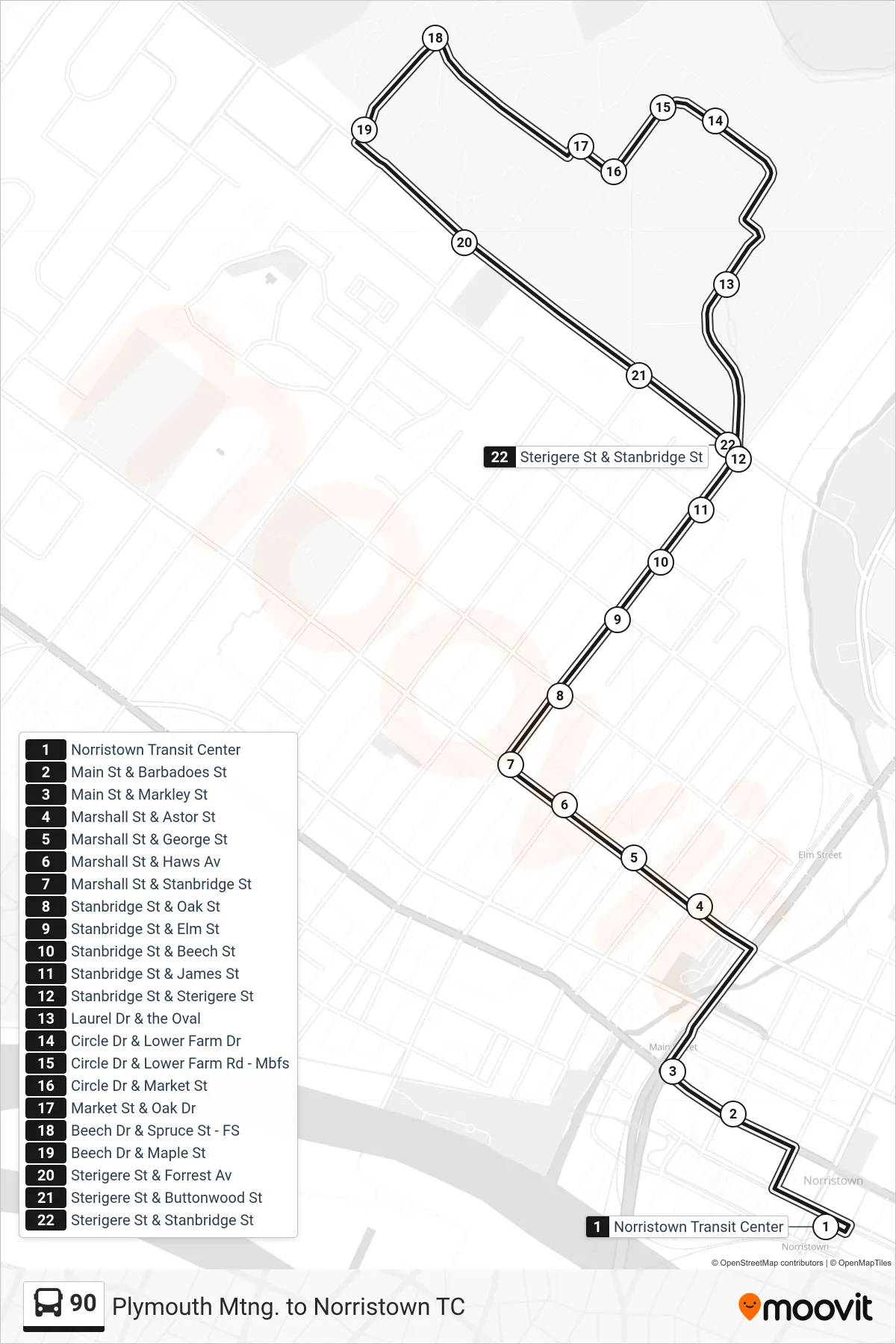 90 bus Line (Norristown State Hospital) route and stops on a map