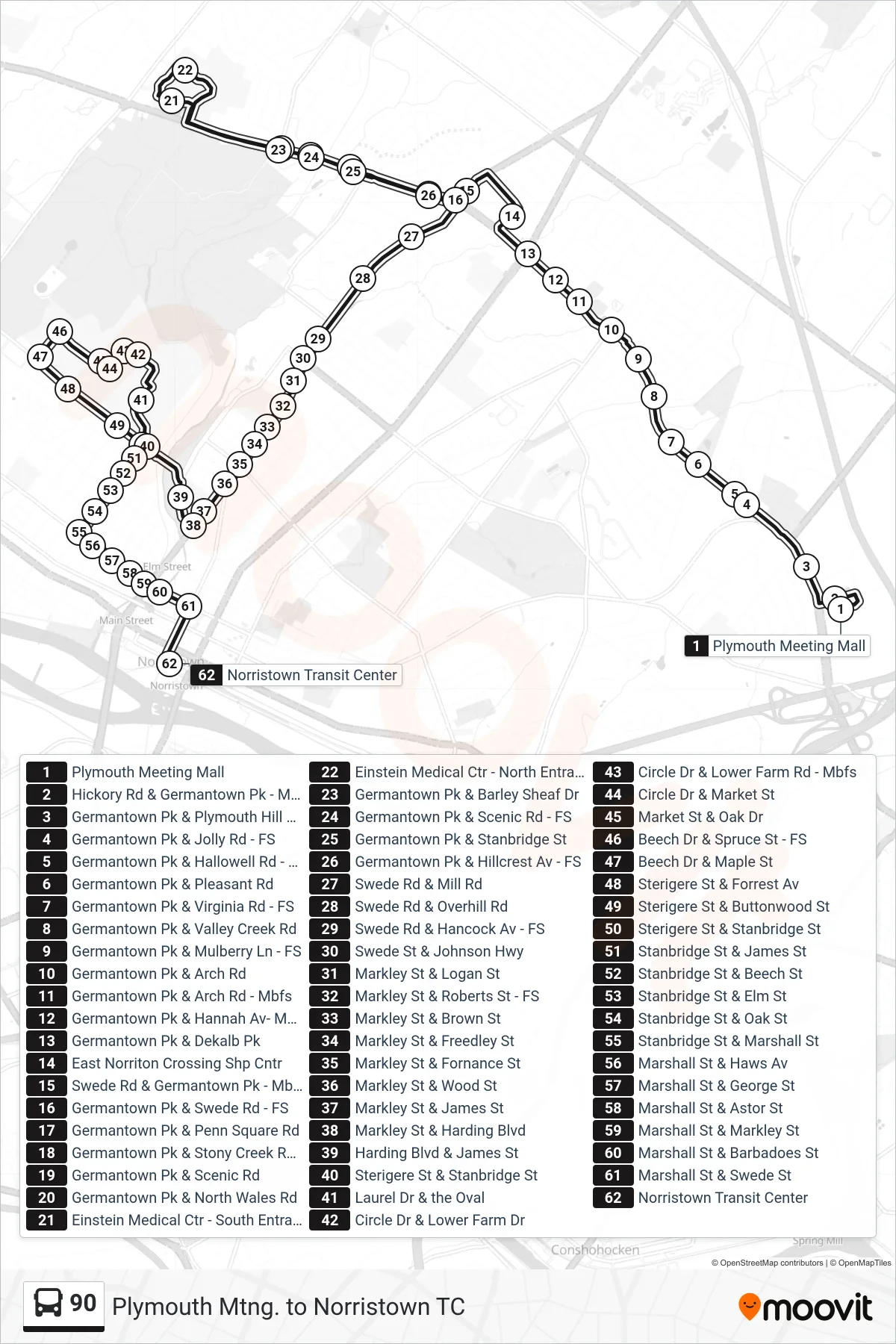 90 bus Line (Norristown Transit Center) route and stops on a map
