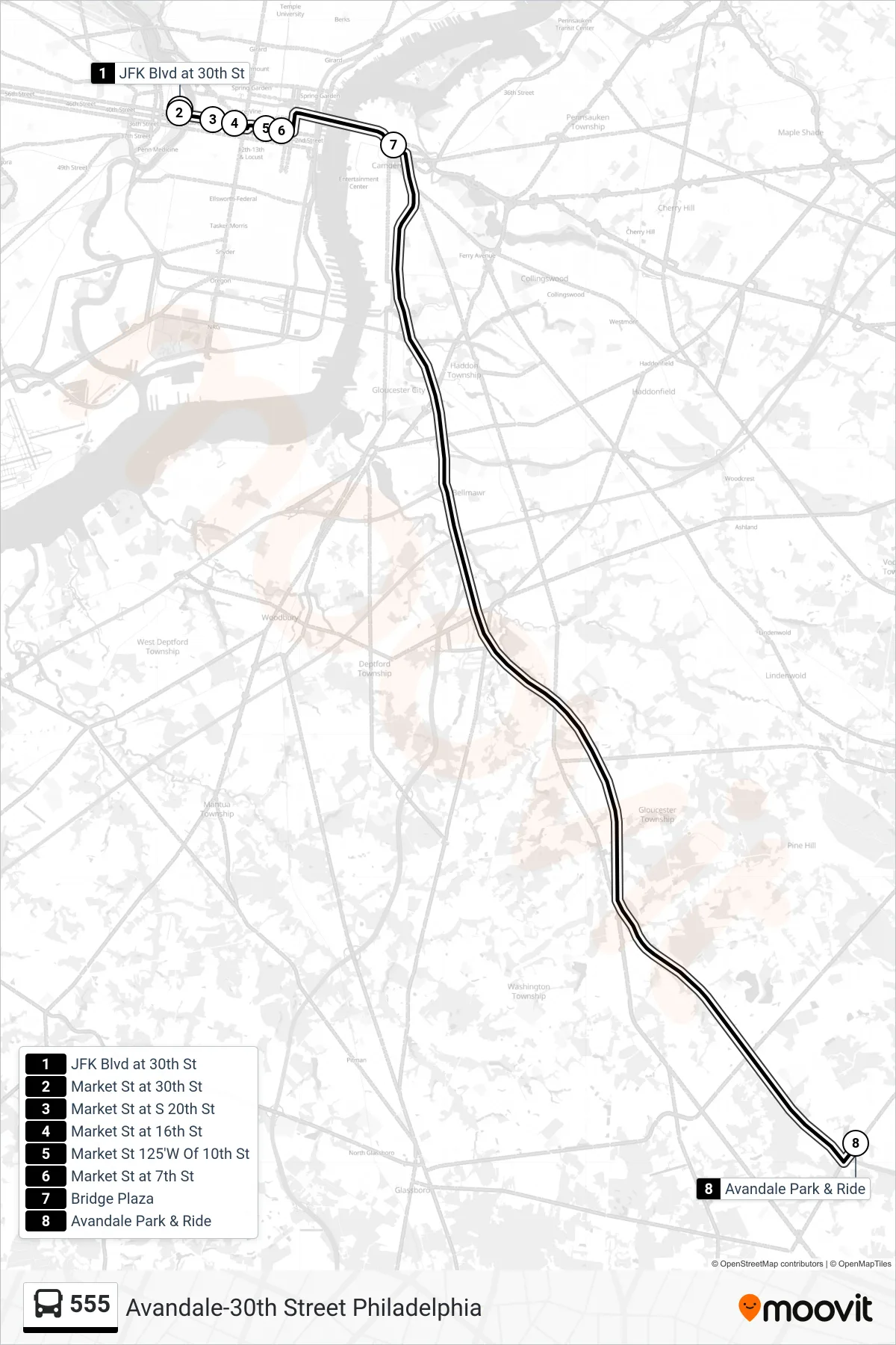 555 bus Line (Avandale) route and stops on a map