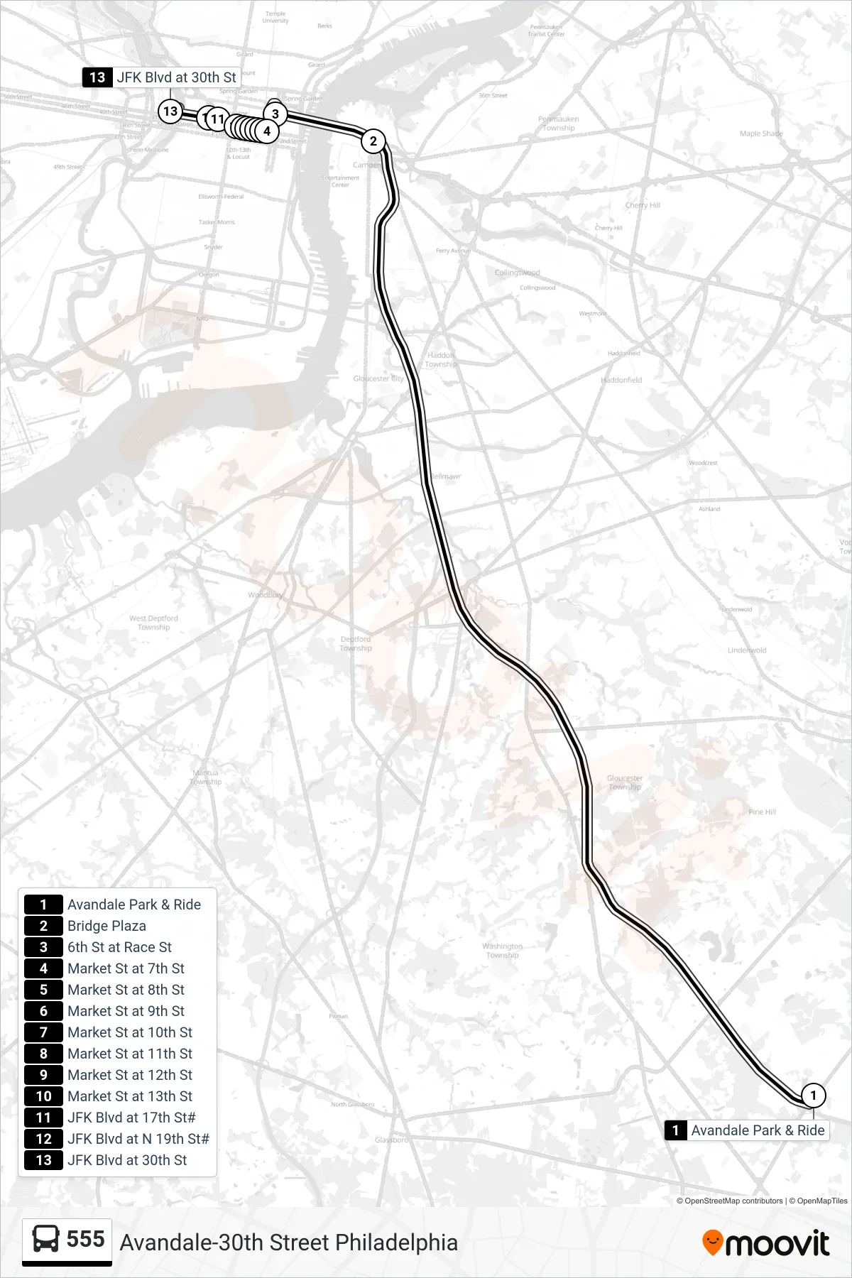 555 bus Line (Philadelphia 30th Street) route and stops on a map