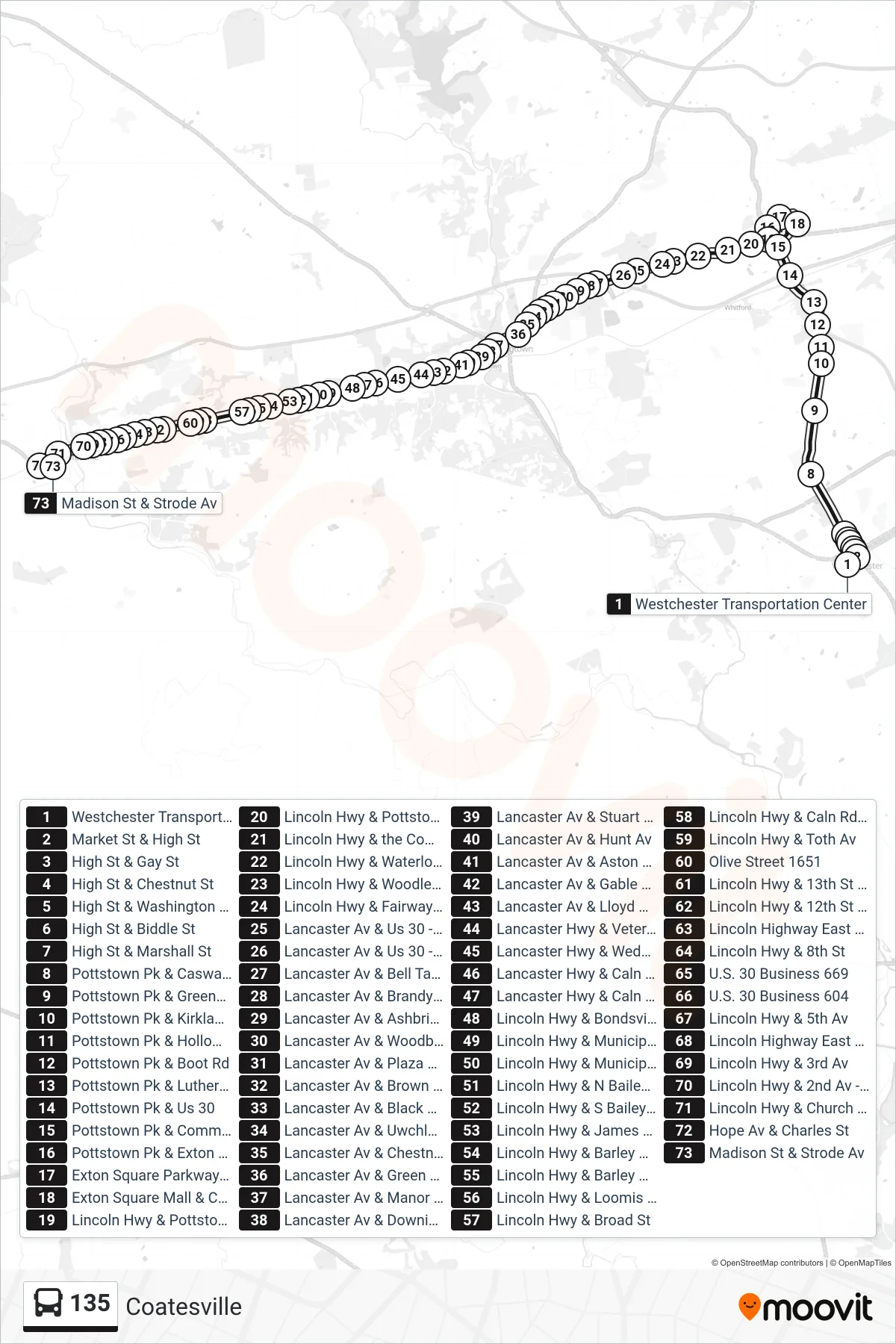135 bus Line (Coatesville) route and stops on a map