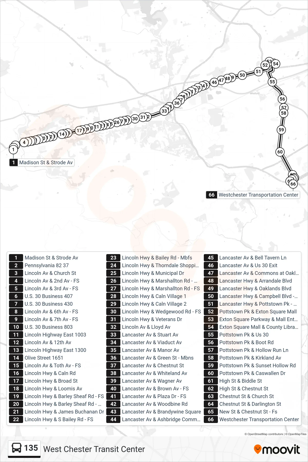 135 bus Line (West Chester Transit Center) route and stops on a map