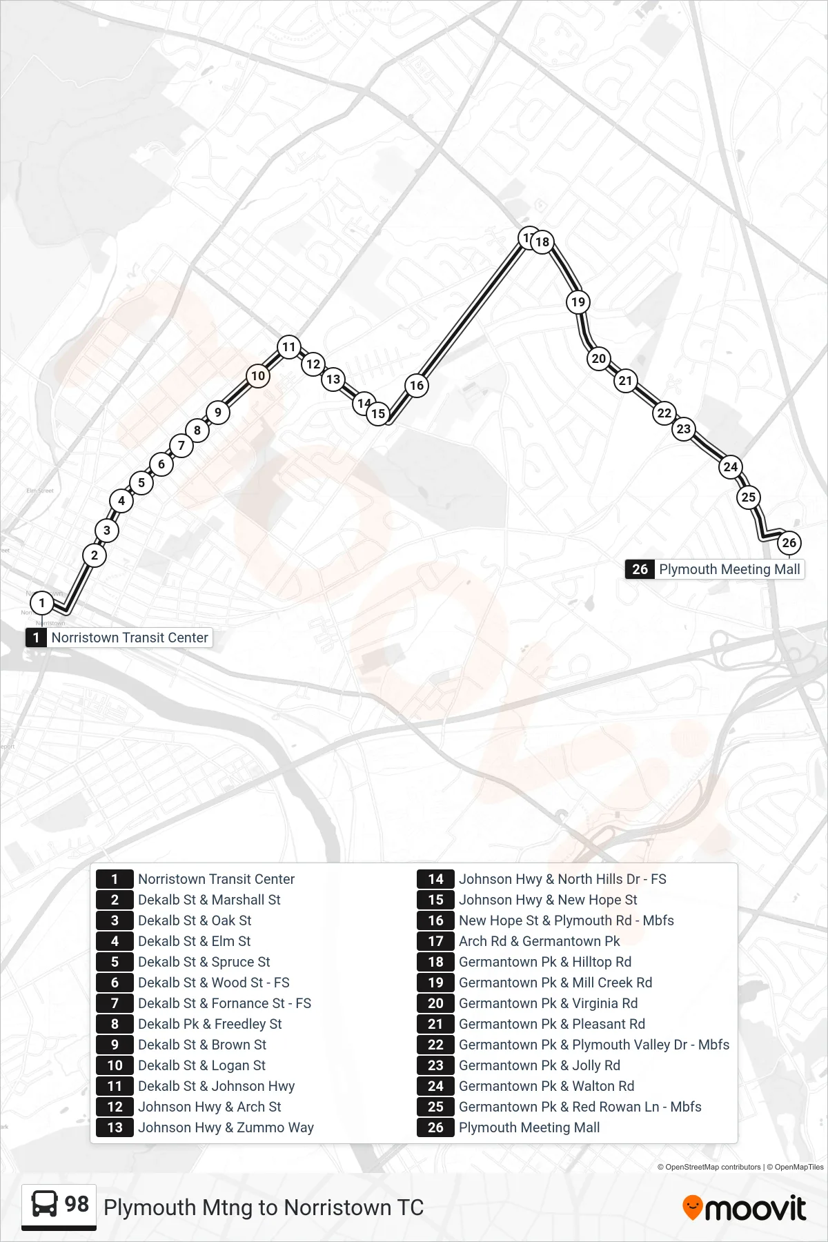 98 bus Line (Plymouth Meeting Mall) route and stops on a map