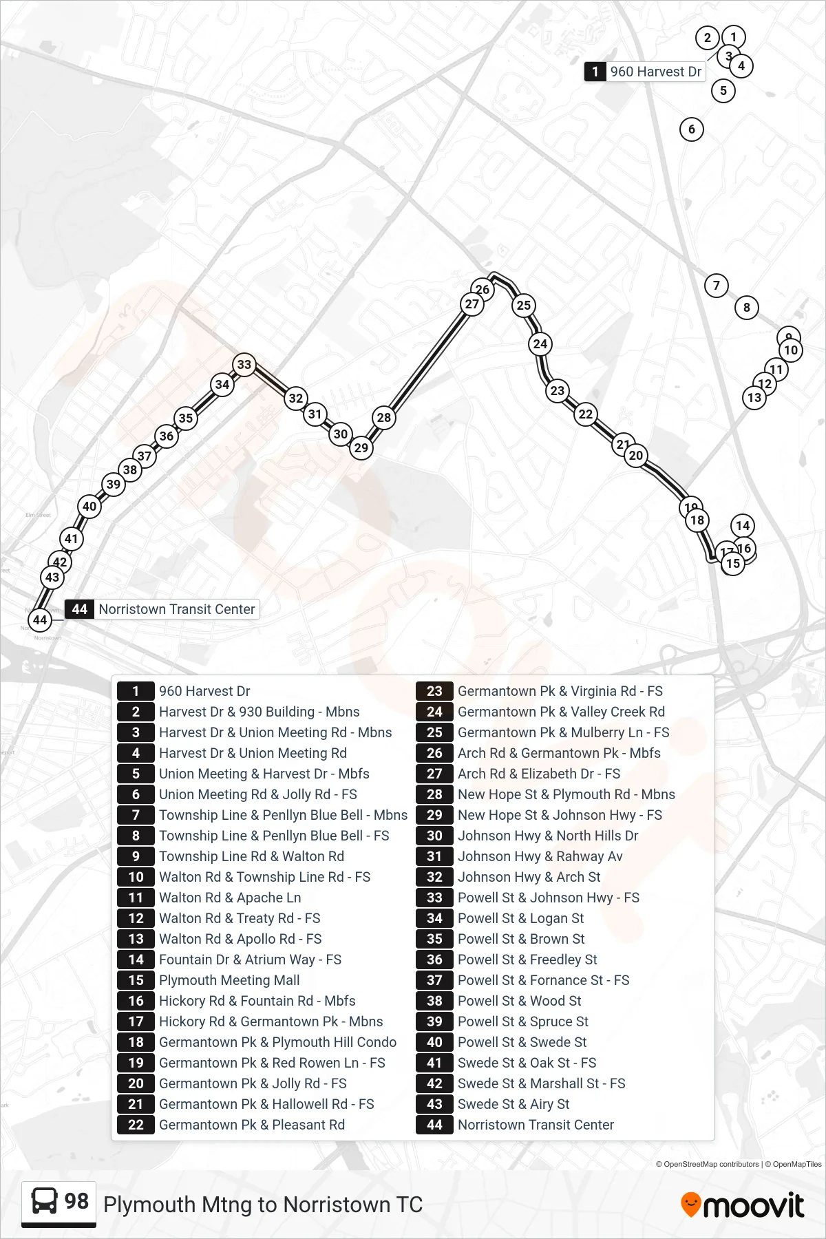 98 bus Line (Norristown Transit Center) route and stops on a map