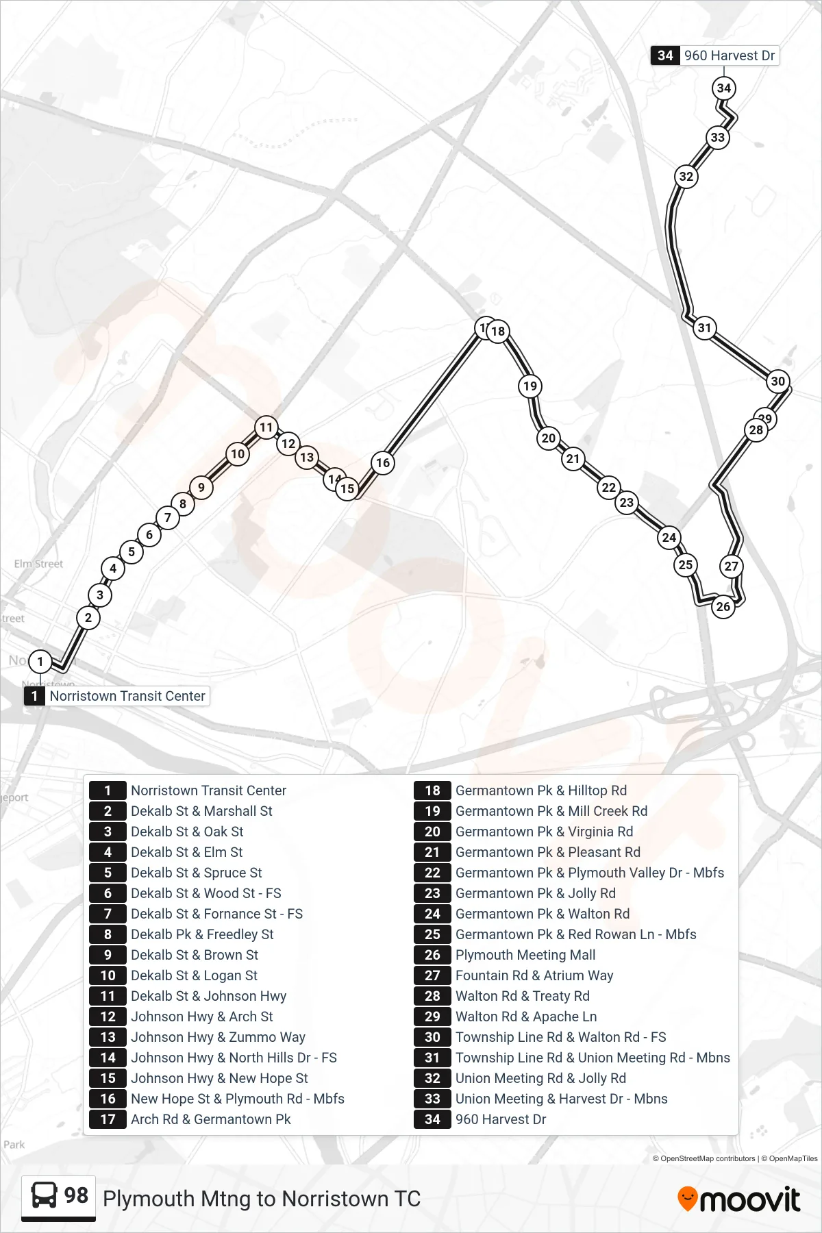 98 bus Line (Blue Bell) route and stops on a map
