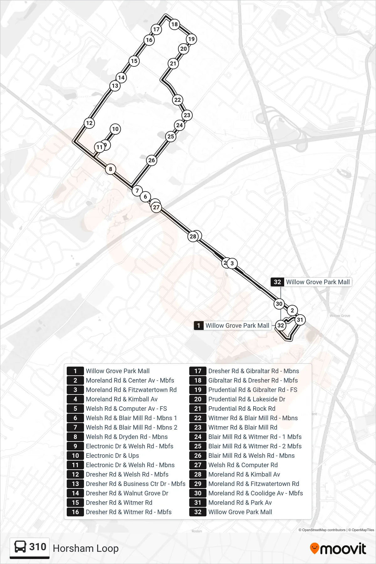 310 bus Line (Horsham Loop) route and stops on a map