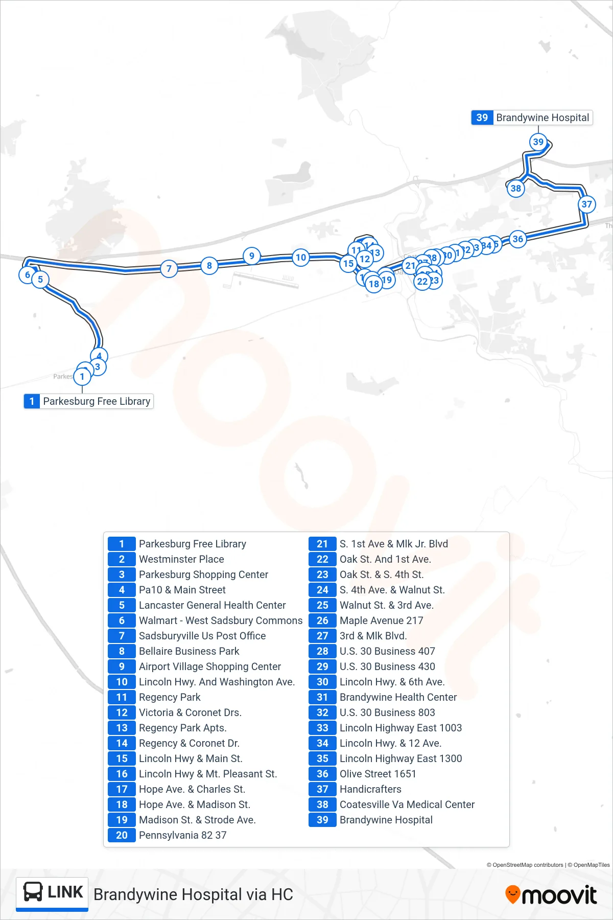 LINK bus Line (Brandywine Hospital via HC) route and stops on a map