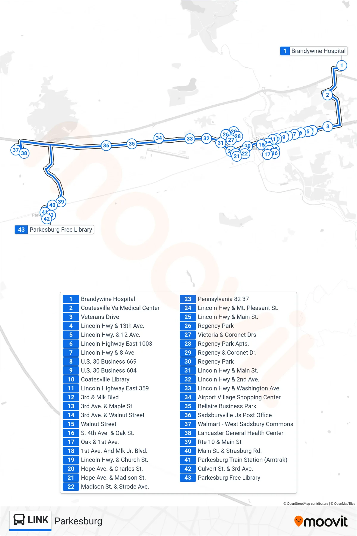 LINK bus Line (Parkesburg) route and stops on a map