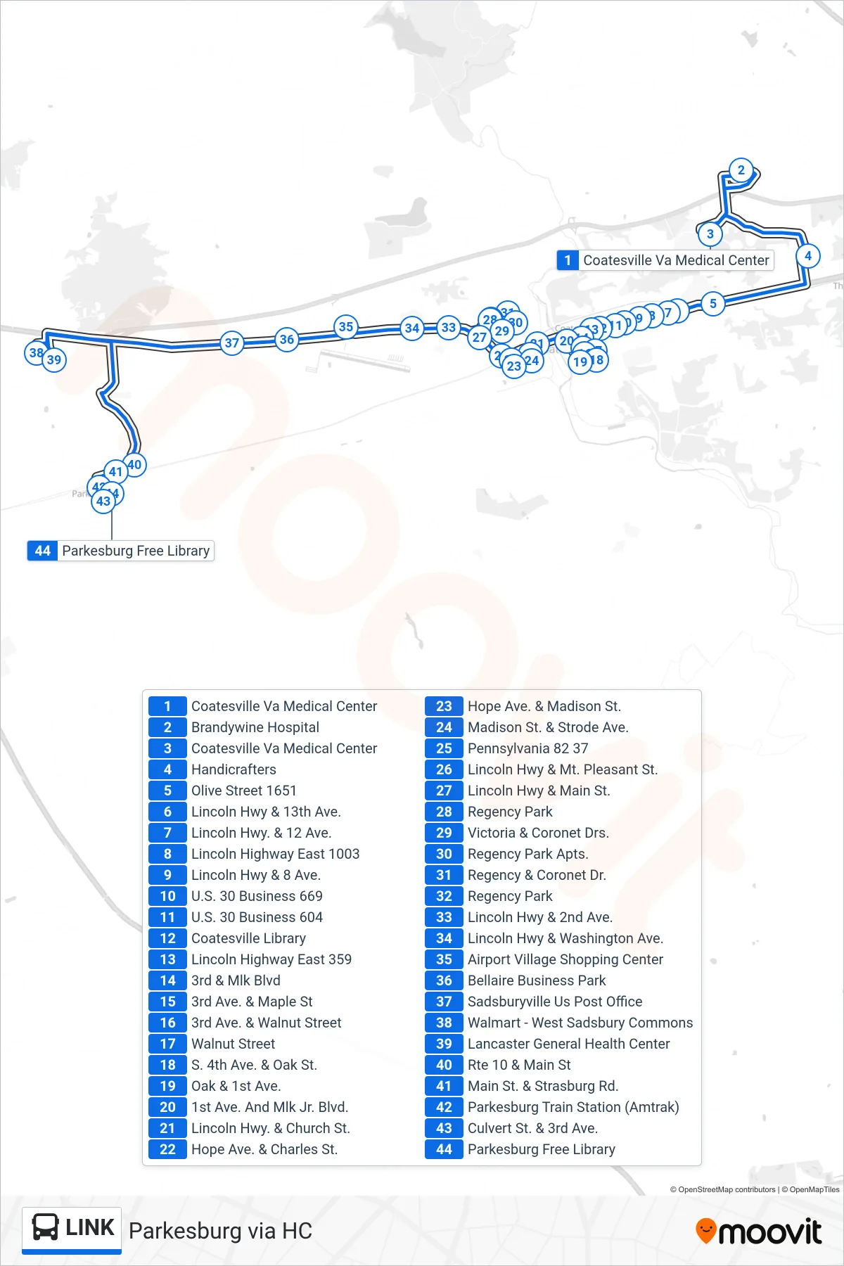 LINK bus Line (Parkesburg via HC) route and stops on a map