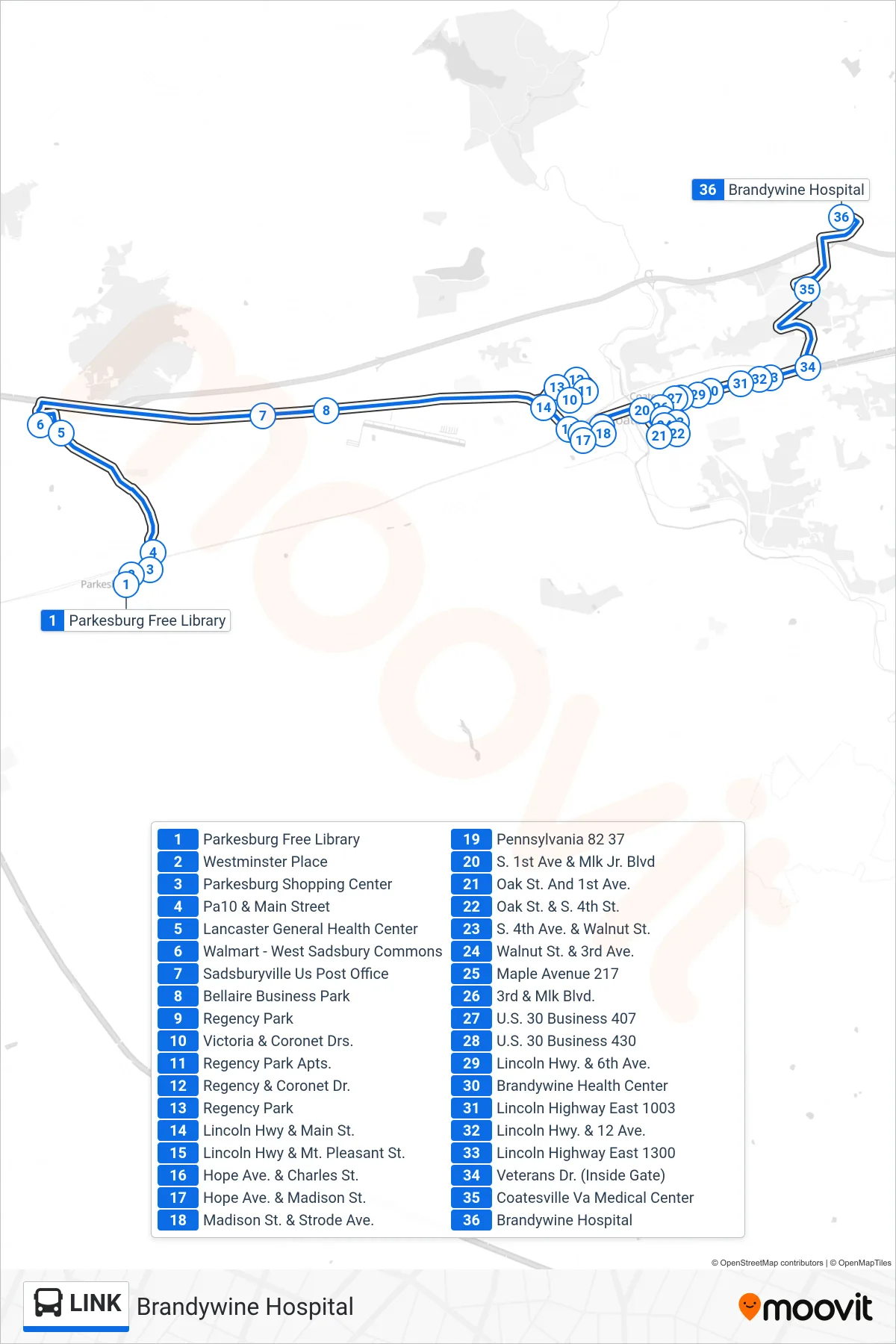 LINK bus Line (Brandywine Hospital) route and stops on a map