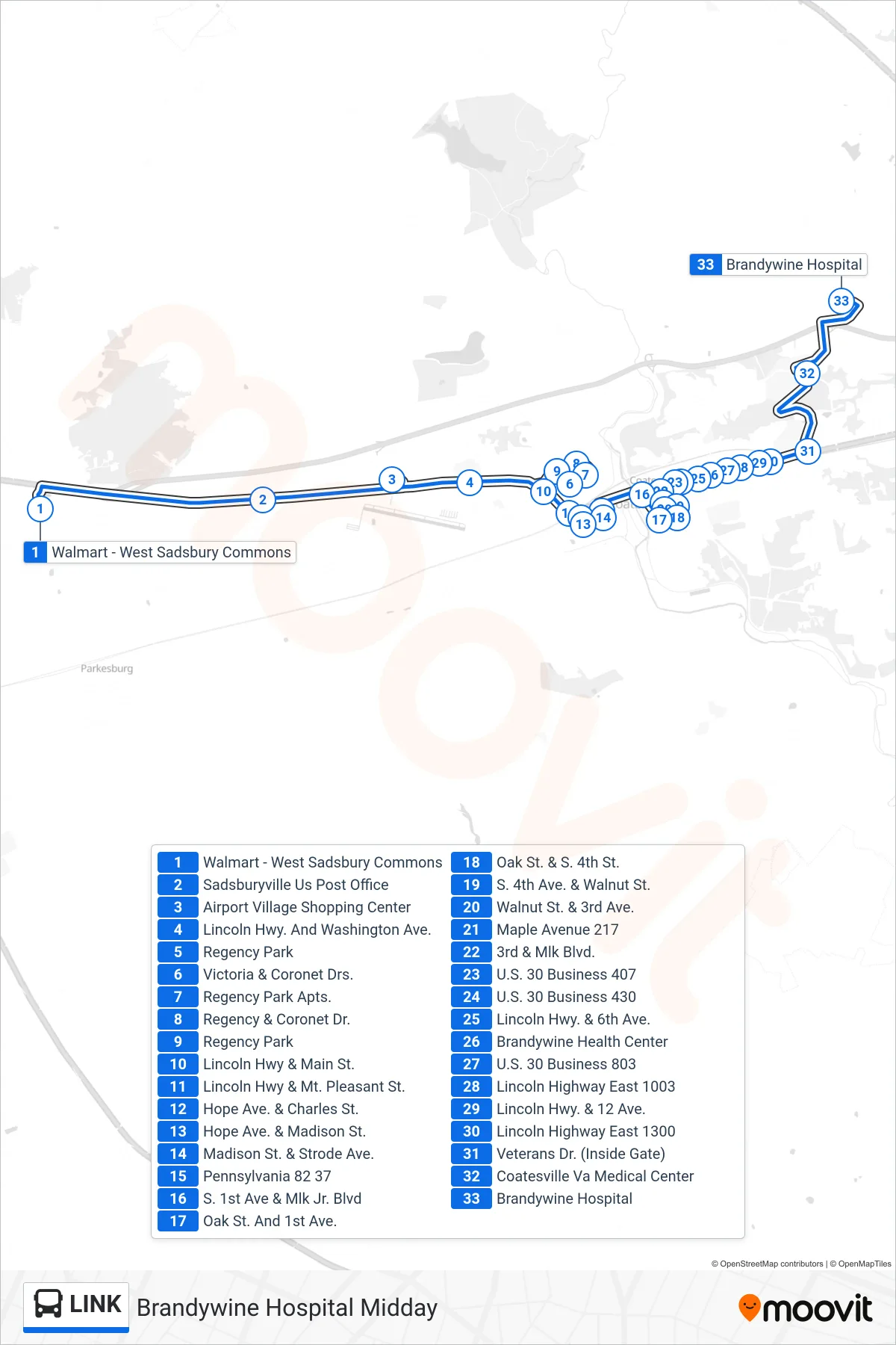LINK bus Line (Brandywine Hospital Midday) route and stops on a map