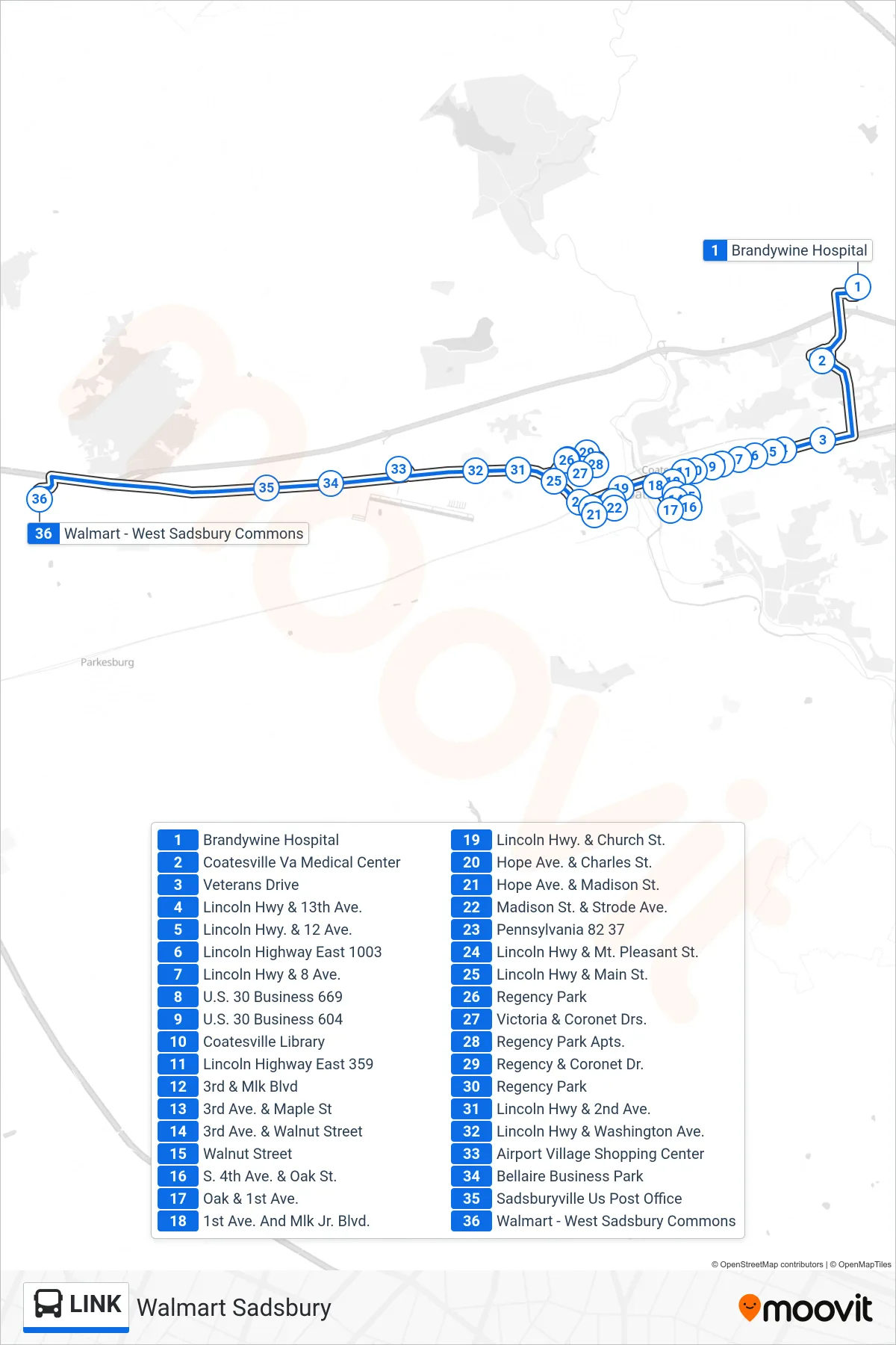 LINK bus Line (Walmart Sadsbury) route and stops on a map
