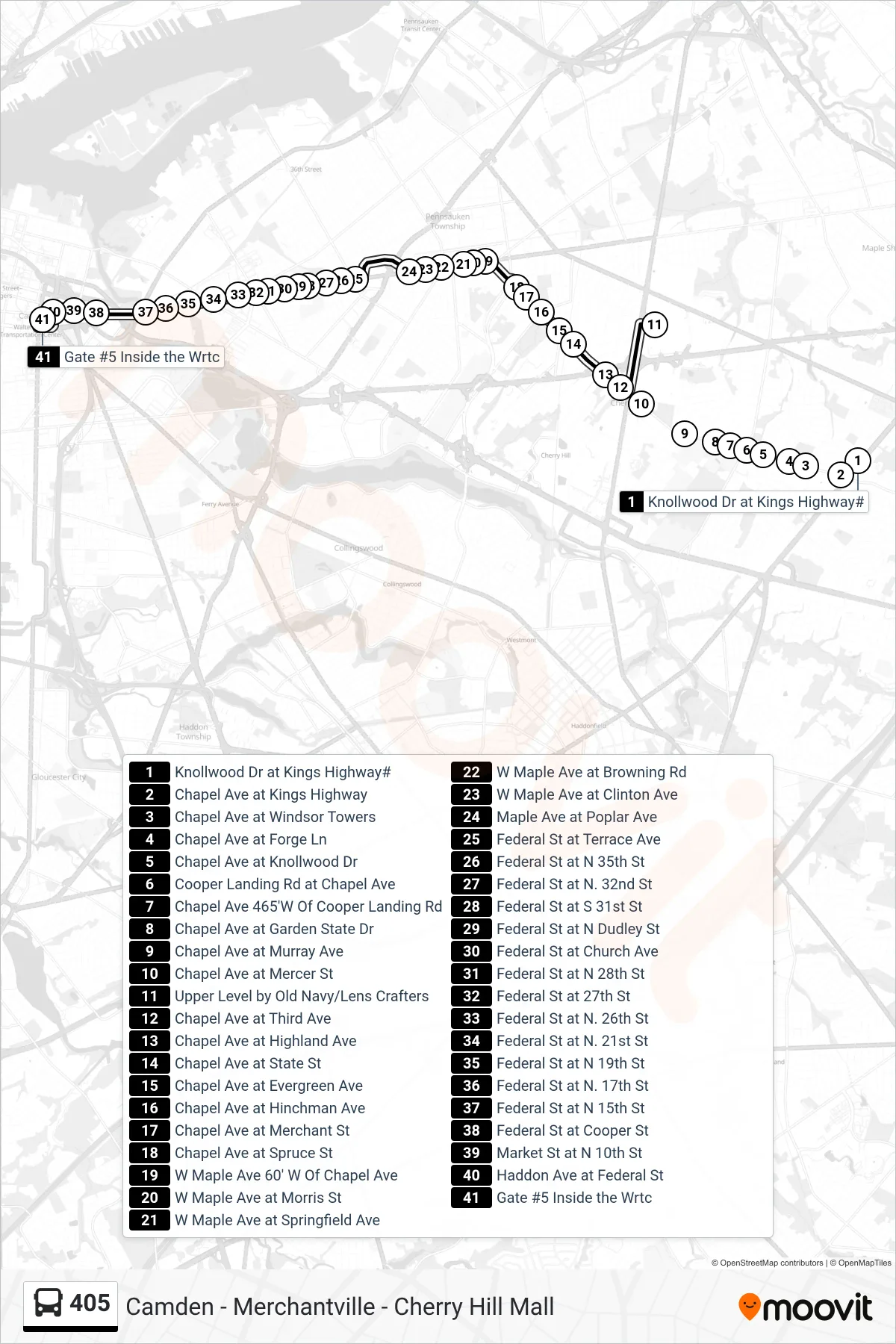 405 bus Line (Camden Wrtc) route and stops on a map