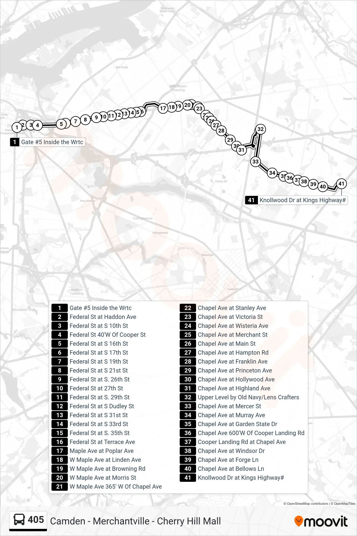 405 bus Line (Cherry Hill Mall Kingston Est) route and stops on a map